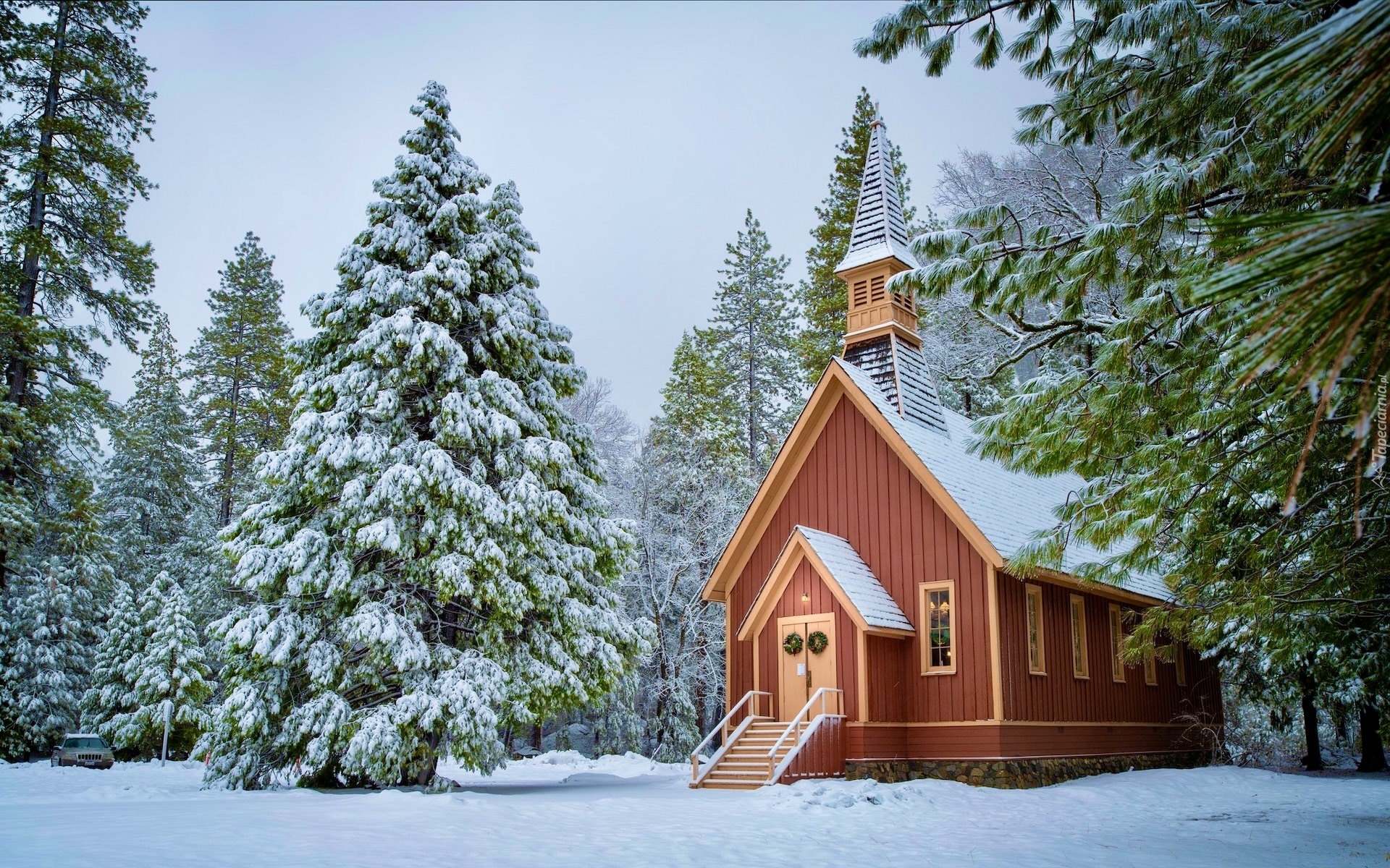 Stany Zjednoczone, Kalifornia, Park Narodowy Yosemite, Kościółek, Drzewa, Ośnieżone, Zima