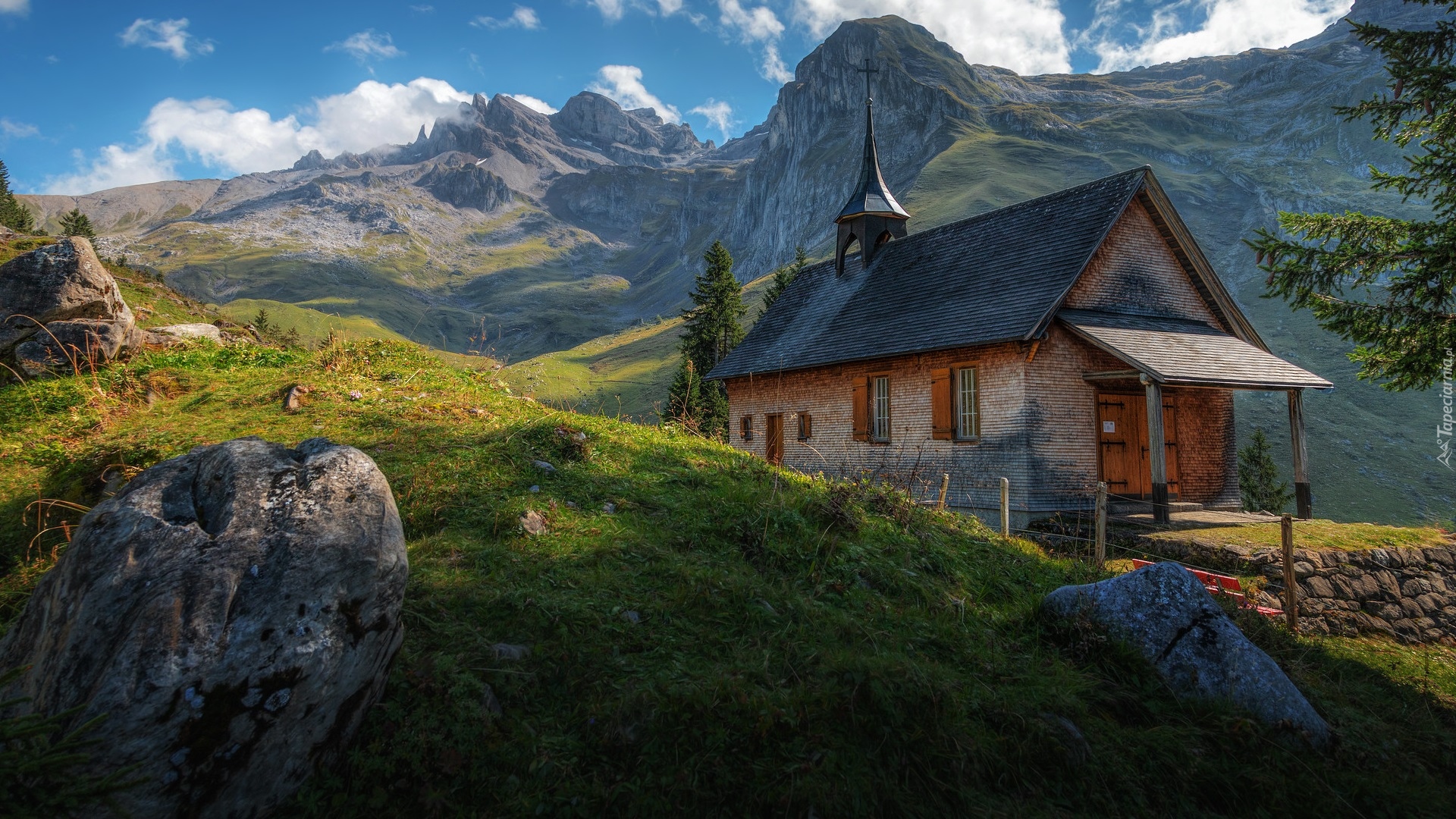 Szwajcaria, Góry, Kościół, Drzewa, Chmury