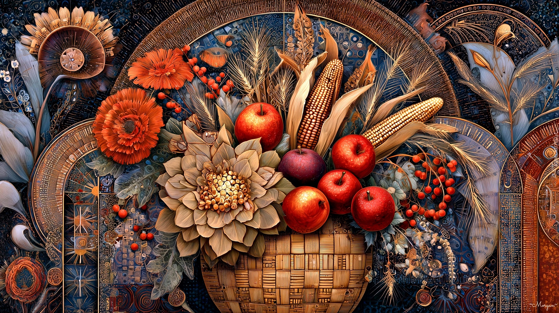 Kosz, Jabłka, Kwiaty, Grafika AI