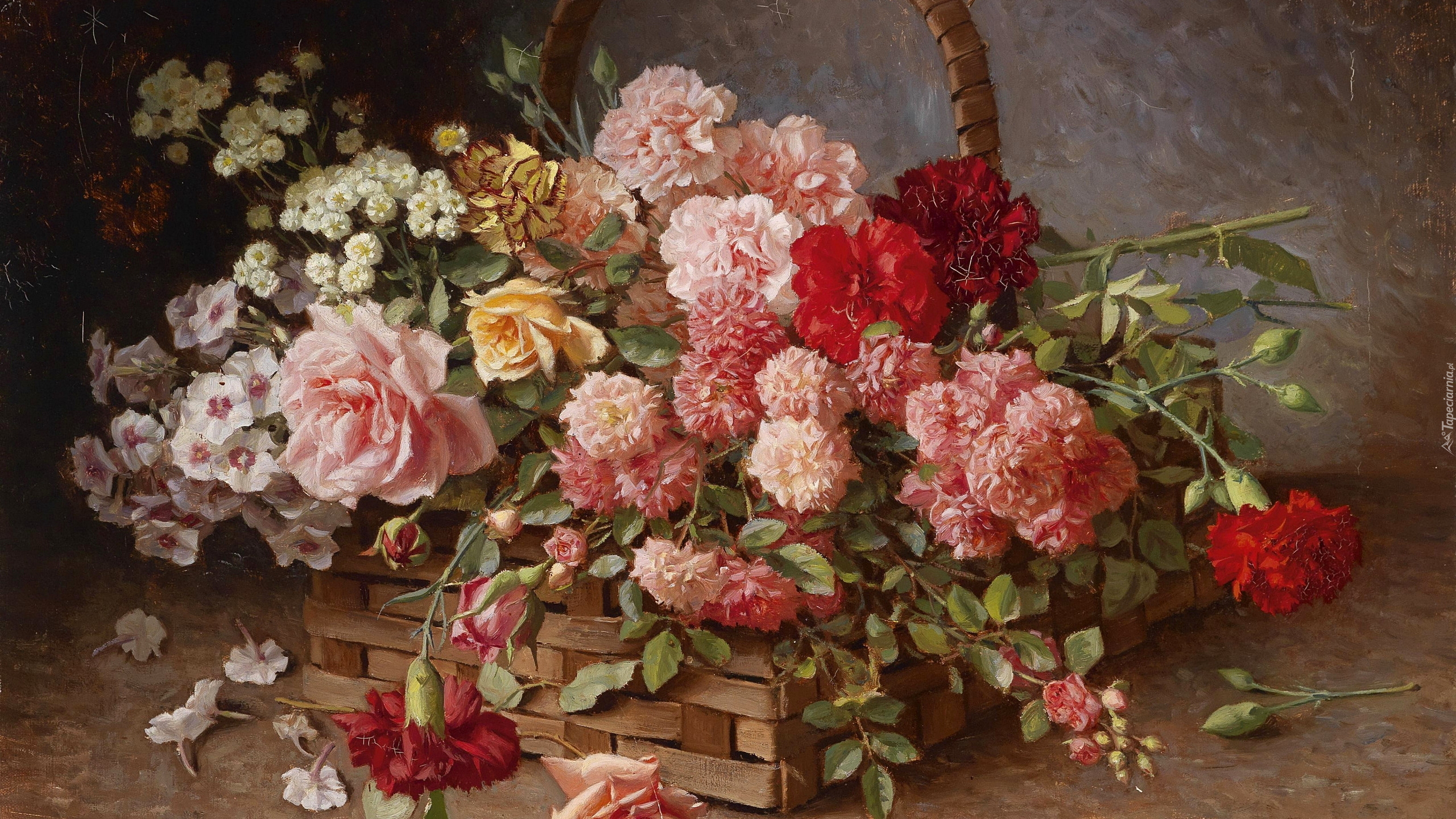 Malarstwo, Obraz, Hans Buchner, Kosz, Kwiaty, Róże, Goździki