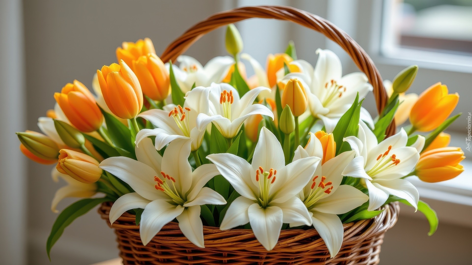Kwiaty, Żółte, Tulipany, Białe, Lilie Kosz