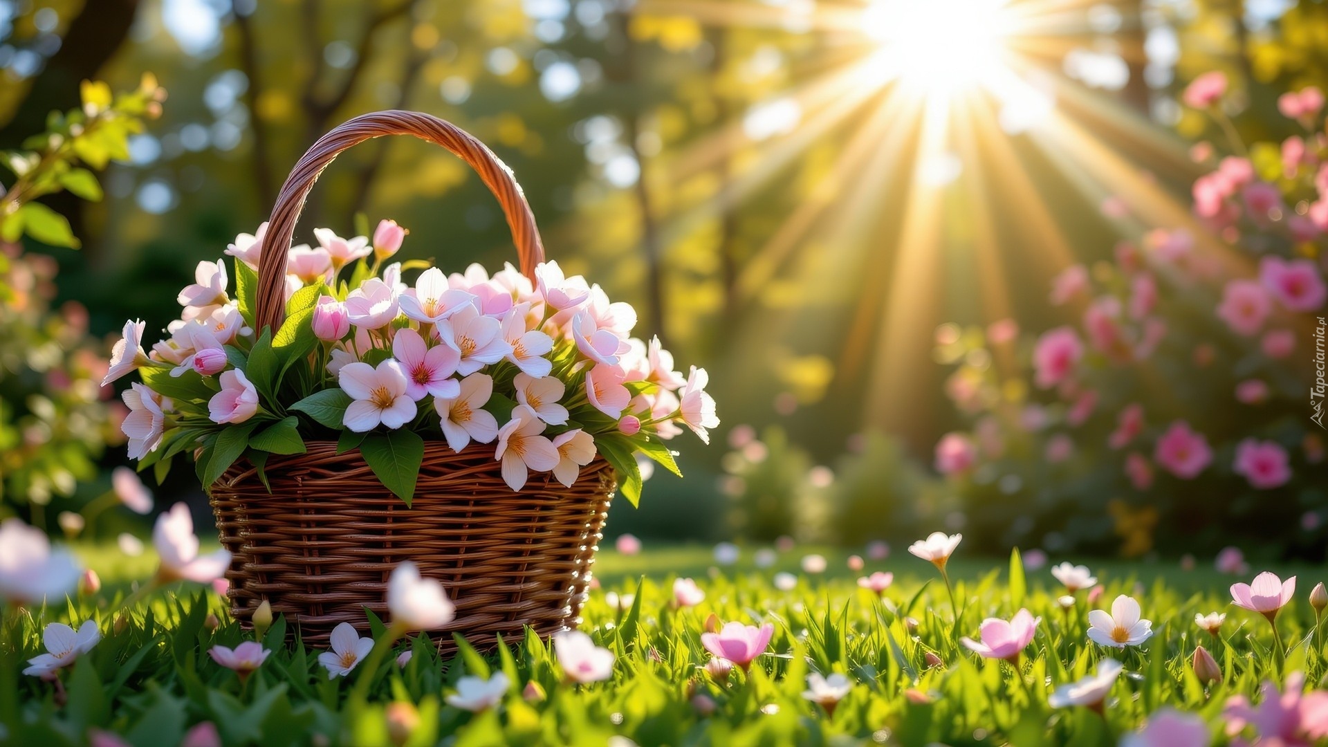 Łąka, Biało-różowe, Kwiaty, Koszyk, Promienie słońca