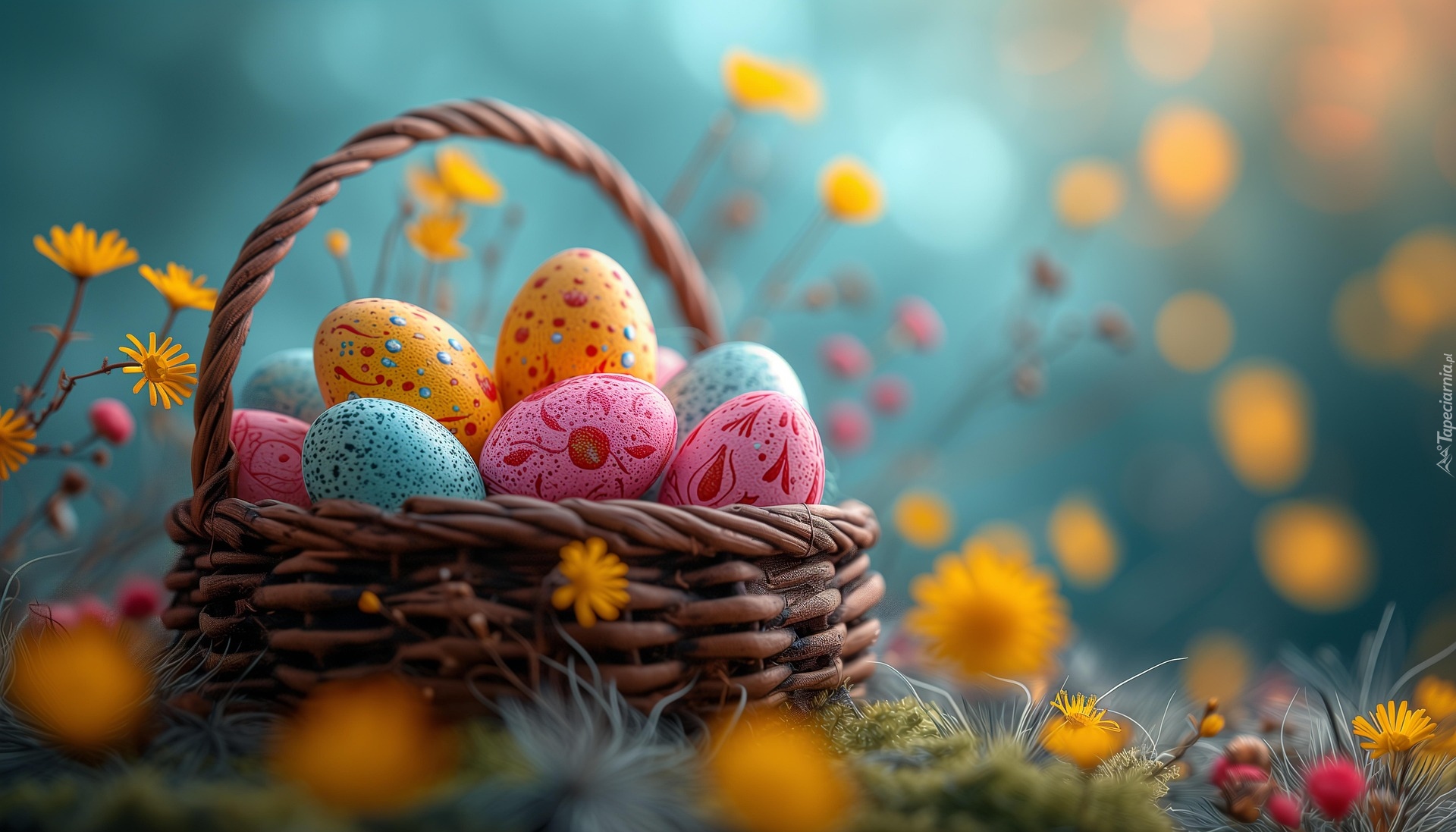 Wielkanoc, Pisanki, Koszyk, Kwiaty, Rozmyte tło