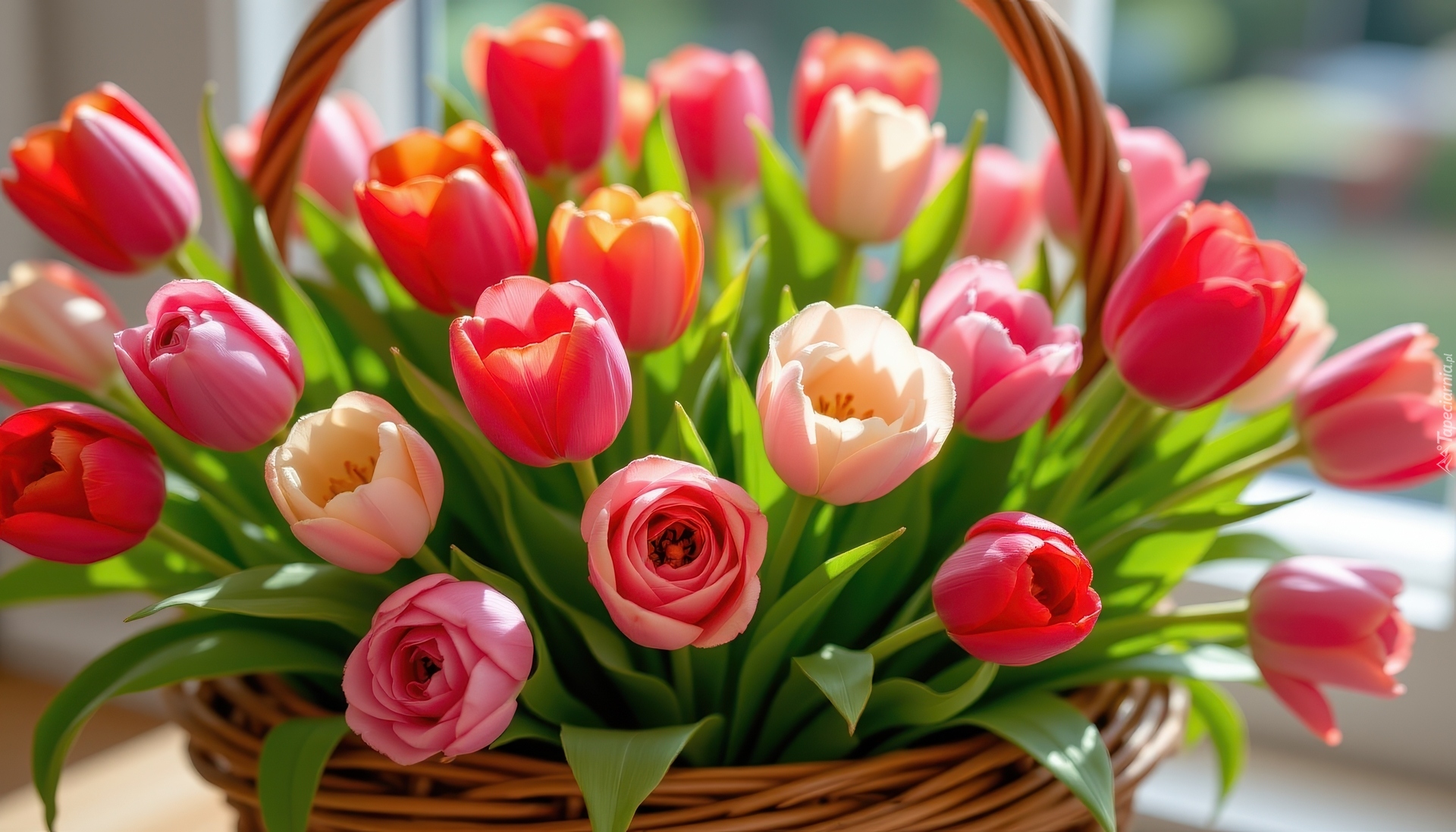 Kolorowe, Kwiaty, Tulipany, Koszyk