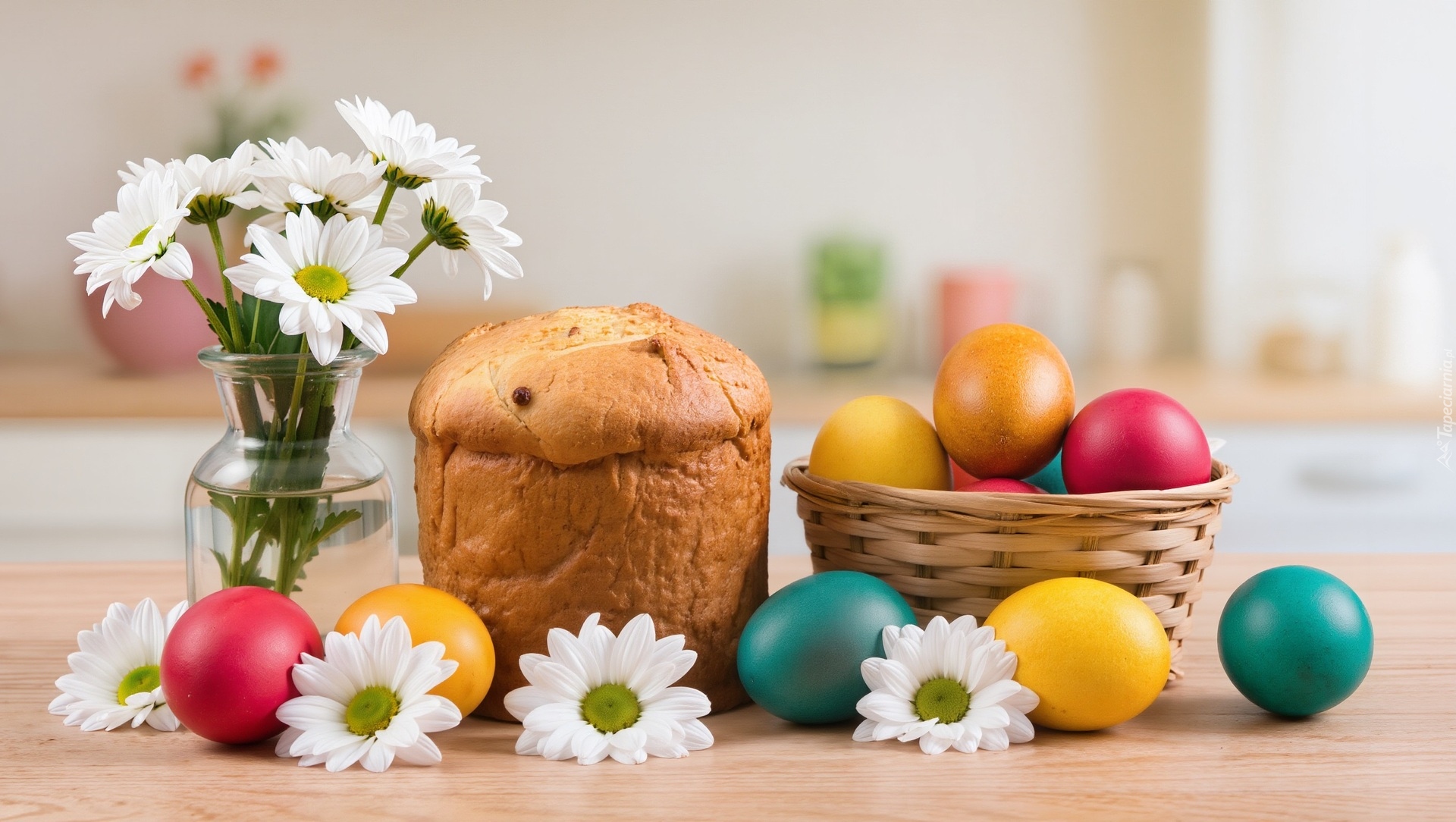 Wielkanoc, Kolorowe, Pisanki, Koszyk, Babka, Kwiaty, Białe, Margerytki