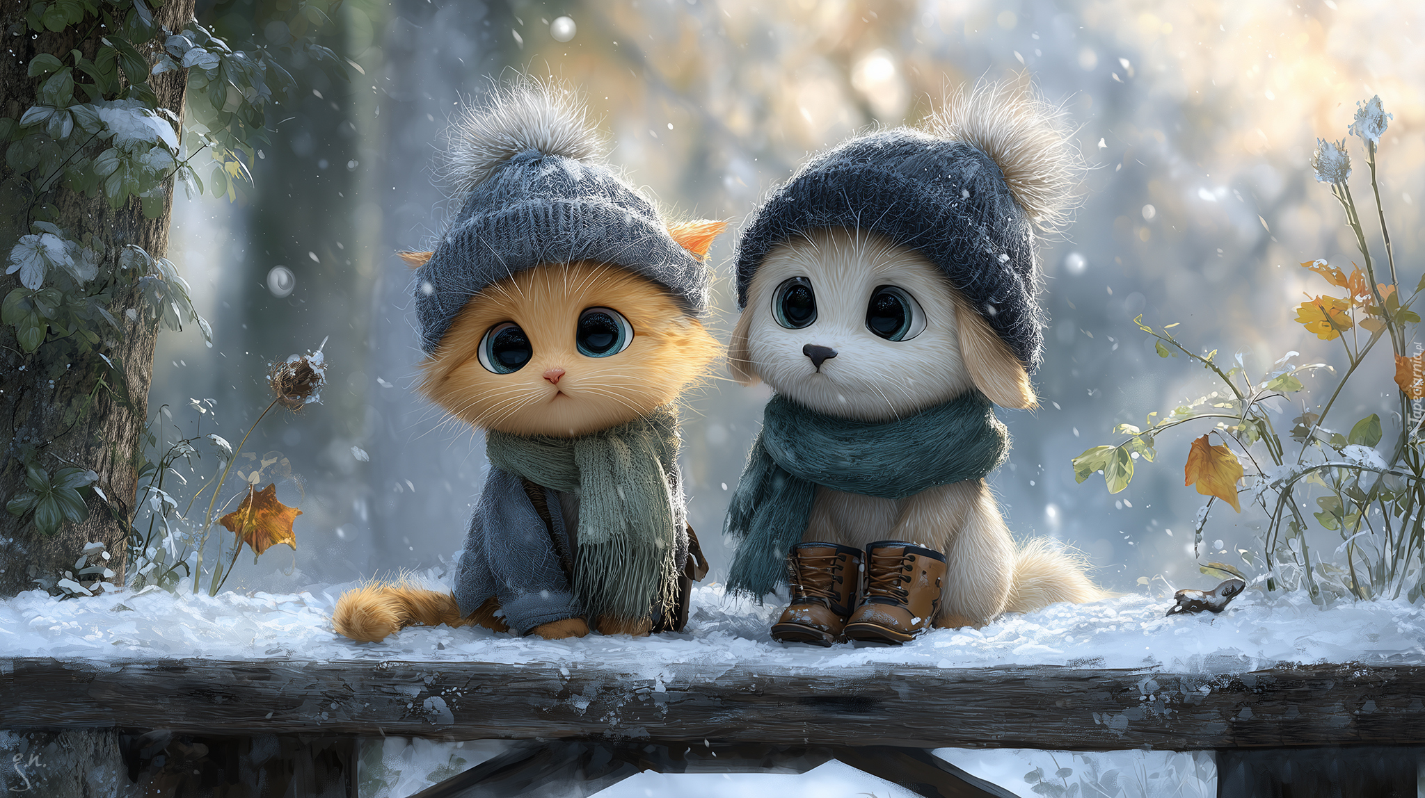 Kot, Pies, Czapki, Ubranka, Ławka, Zima, Grafika AI