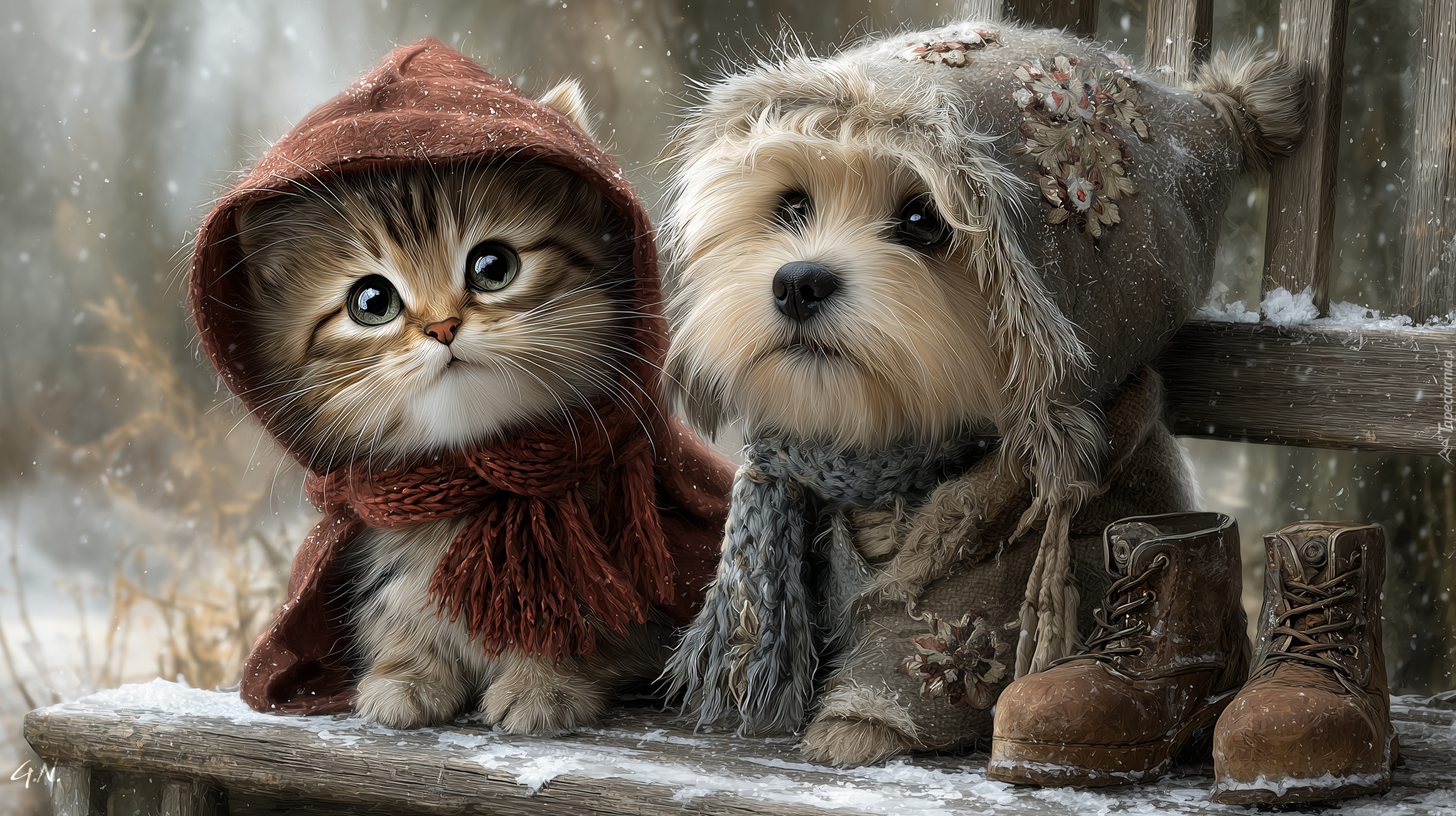 Kot, Pies, Ławka, Buty, Zima, Ubranka, Grafika AI