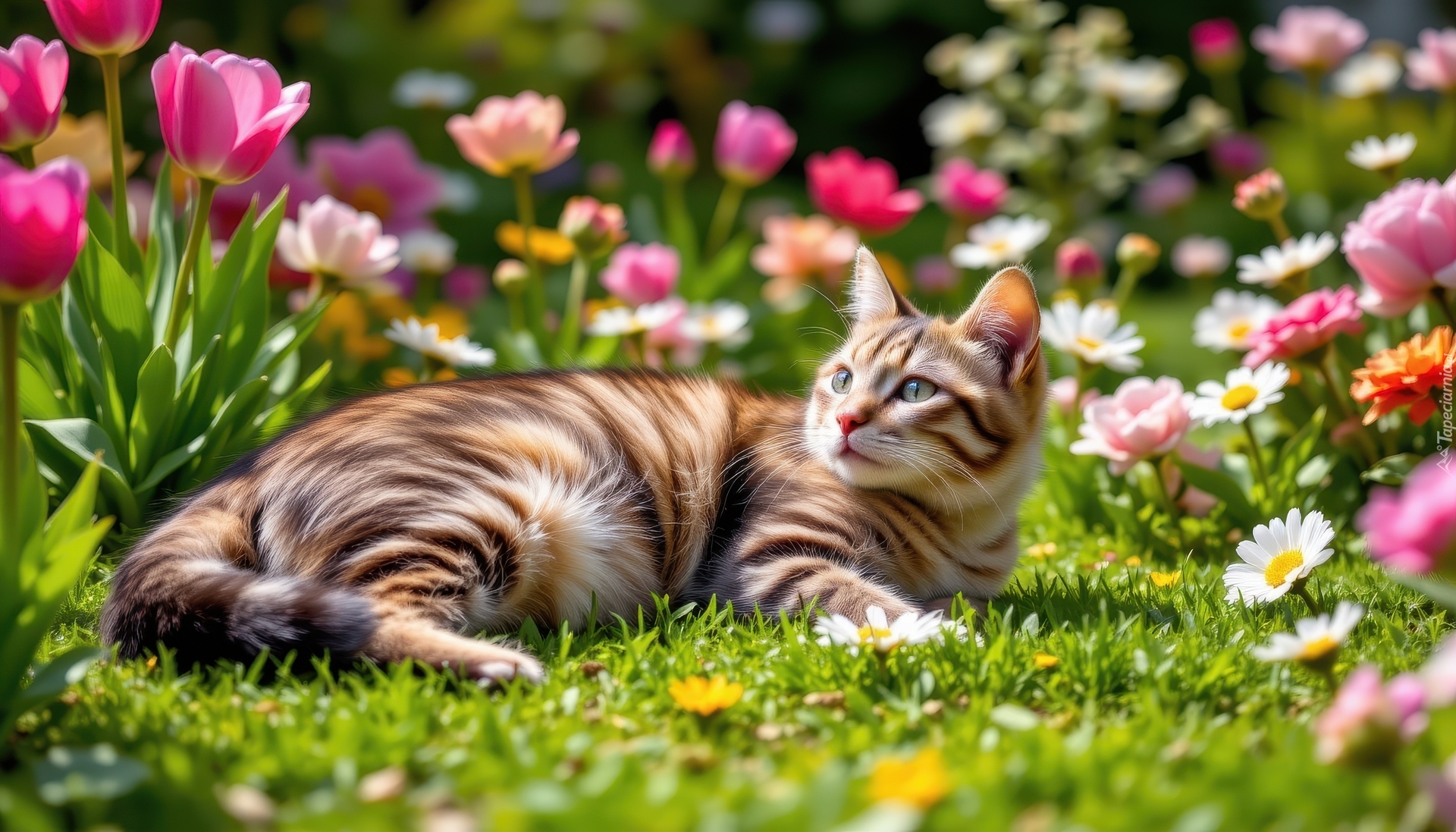 Leżący, Kot, Trawa, Kwiaty, AI