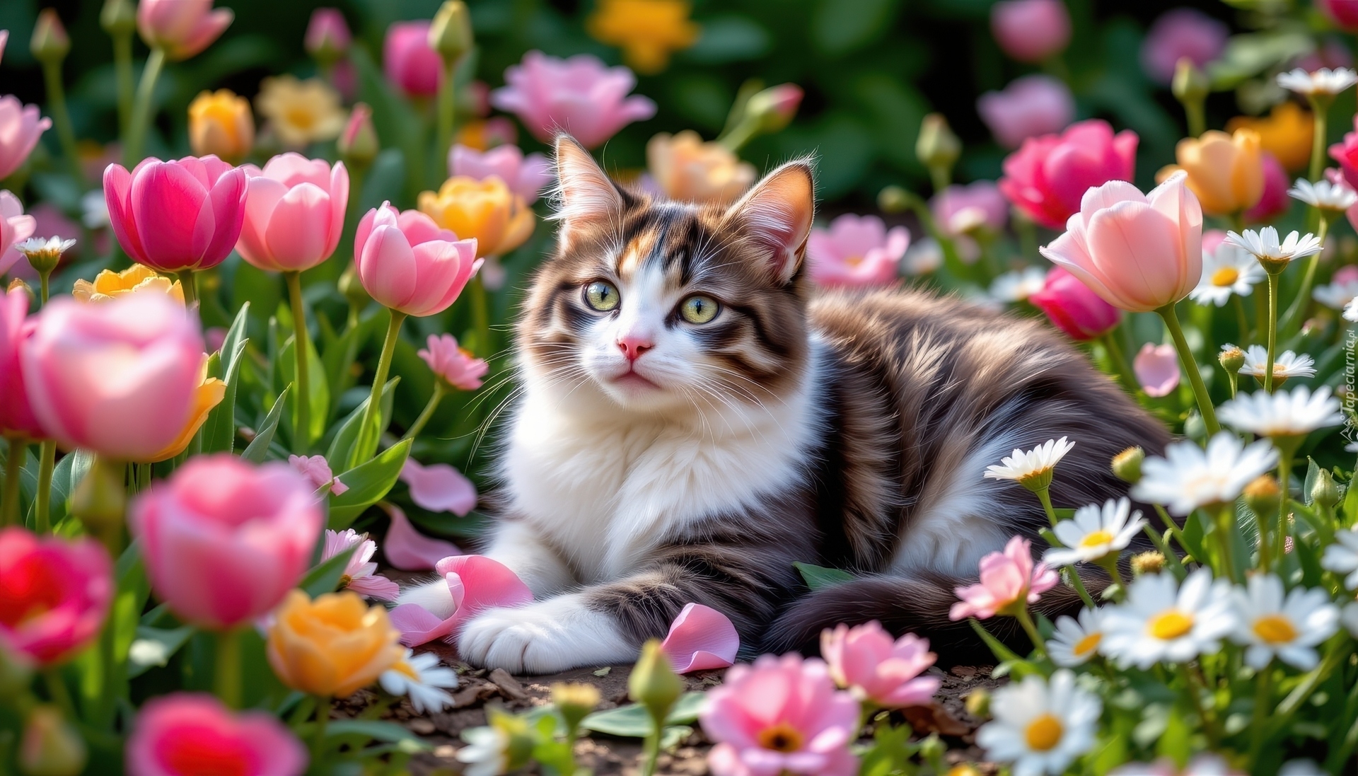 Leżący, Kot, Kwiaty, Tulipany