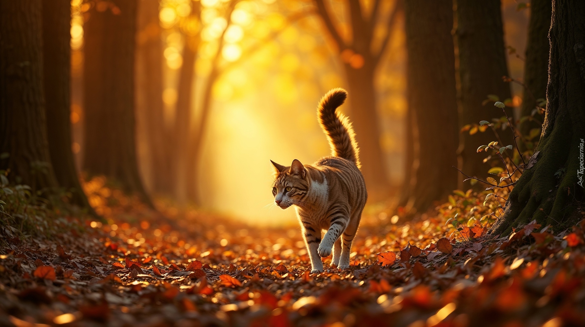 Kot, Las, Ścieżka, Jesień, Grafika AI