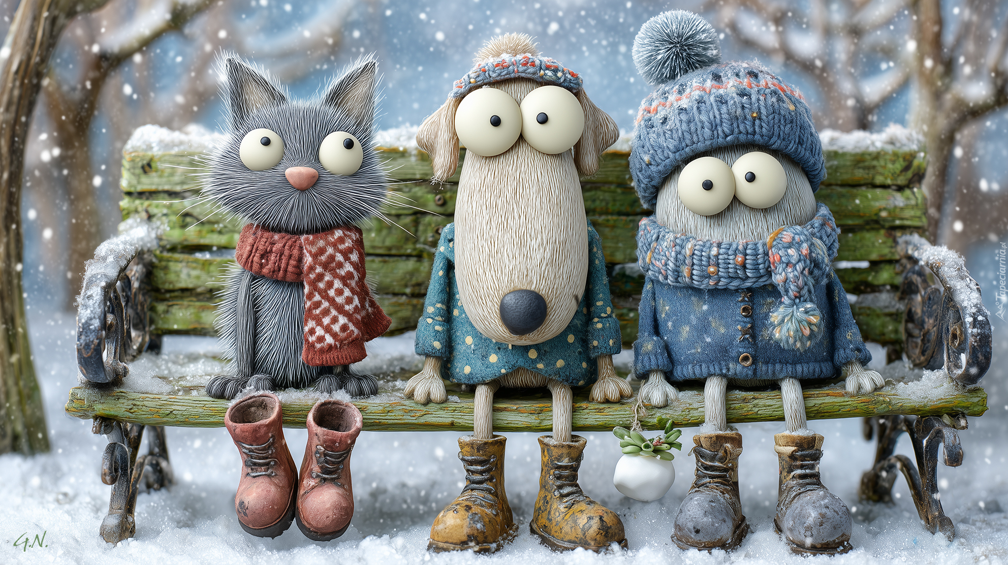 Pies, Kot, Ludzik, Ławka, Zima, Grafika AI