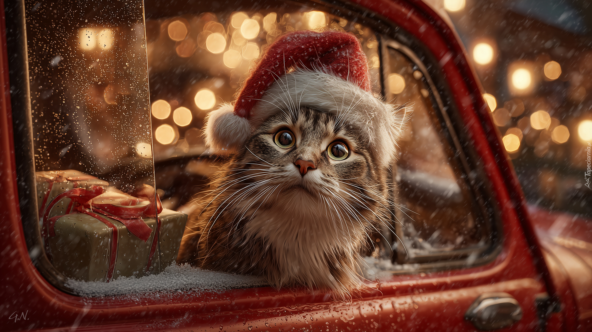 Kot, Czapla, Mikołaja, Samochód, Okno, Prezent, Grafika AI