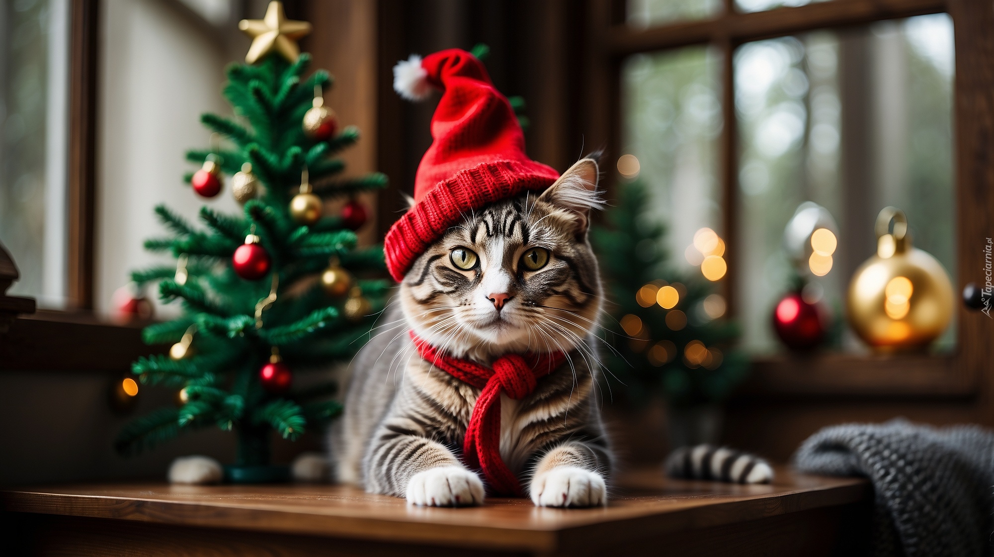 Kot, Czerwona, Czapka, Szalik, Stół, Choinka, AI