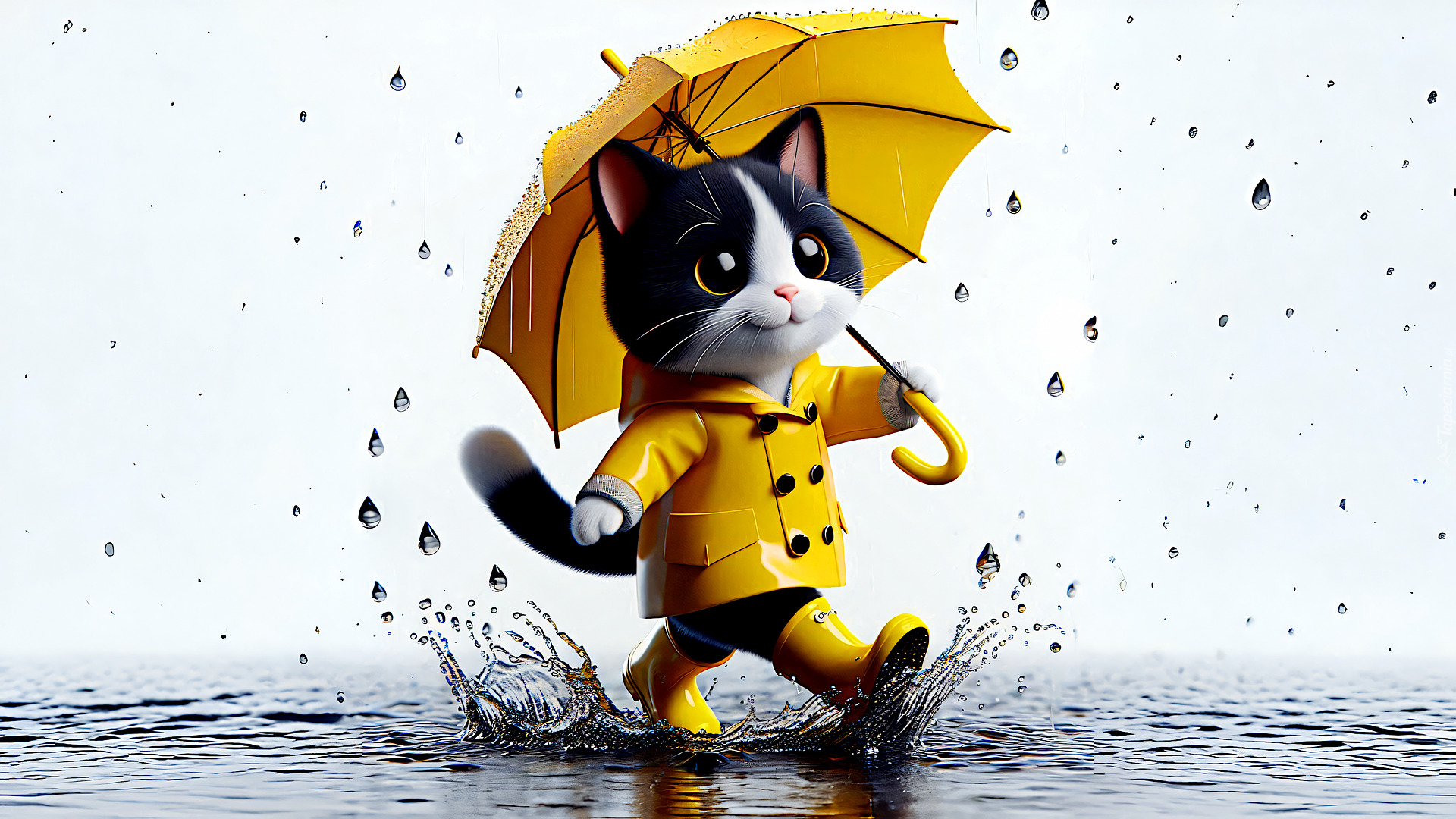 Kot, Żółta, Kurtka, Parasol, Kałuża, Grafika