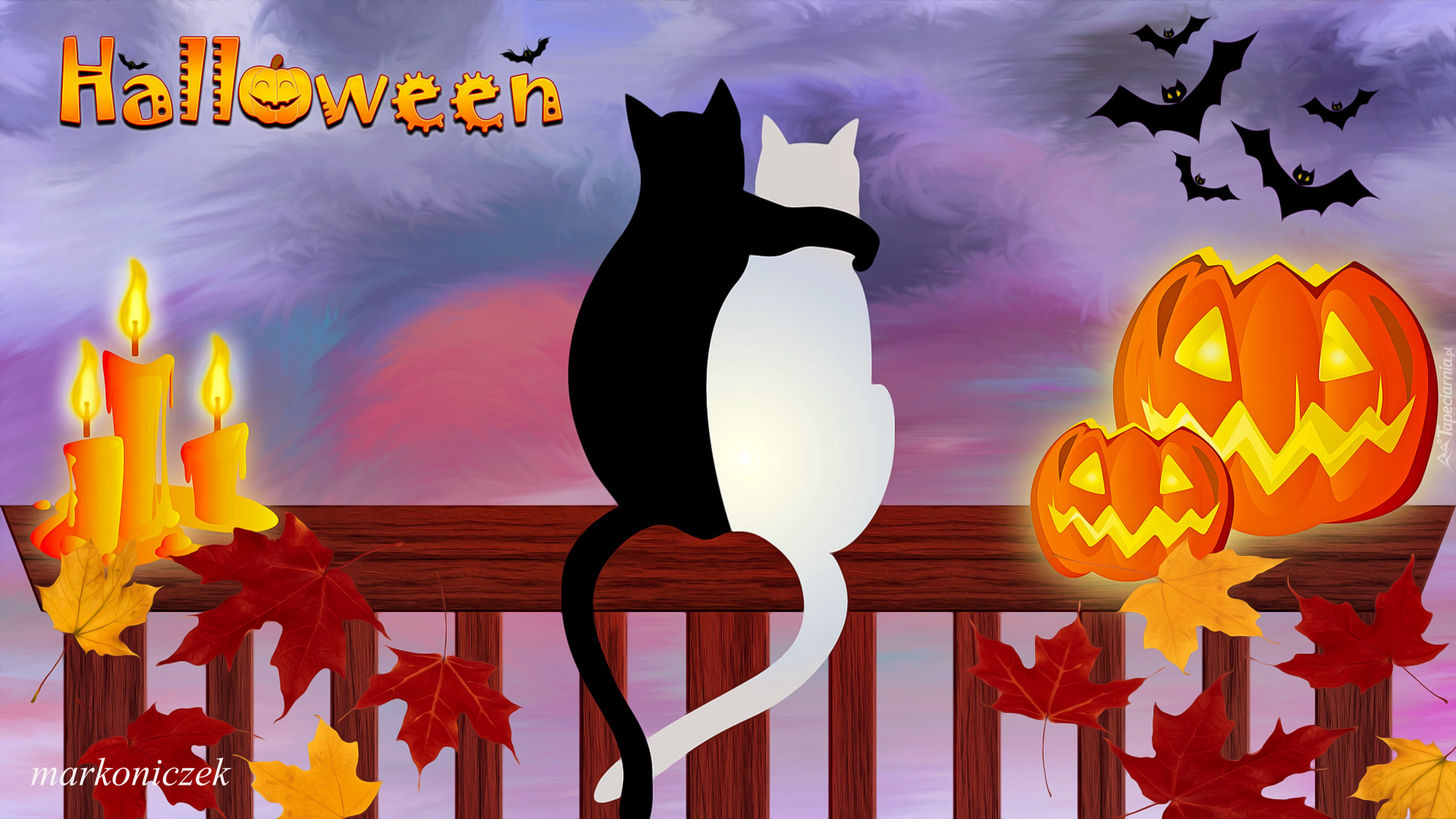 Halloween, Koty, Świeczki, Dynia, Liście, Nietoperze, Grafika