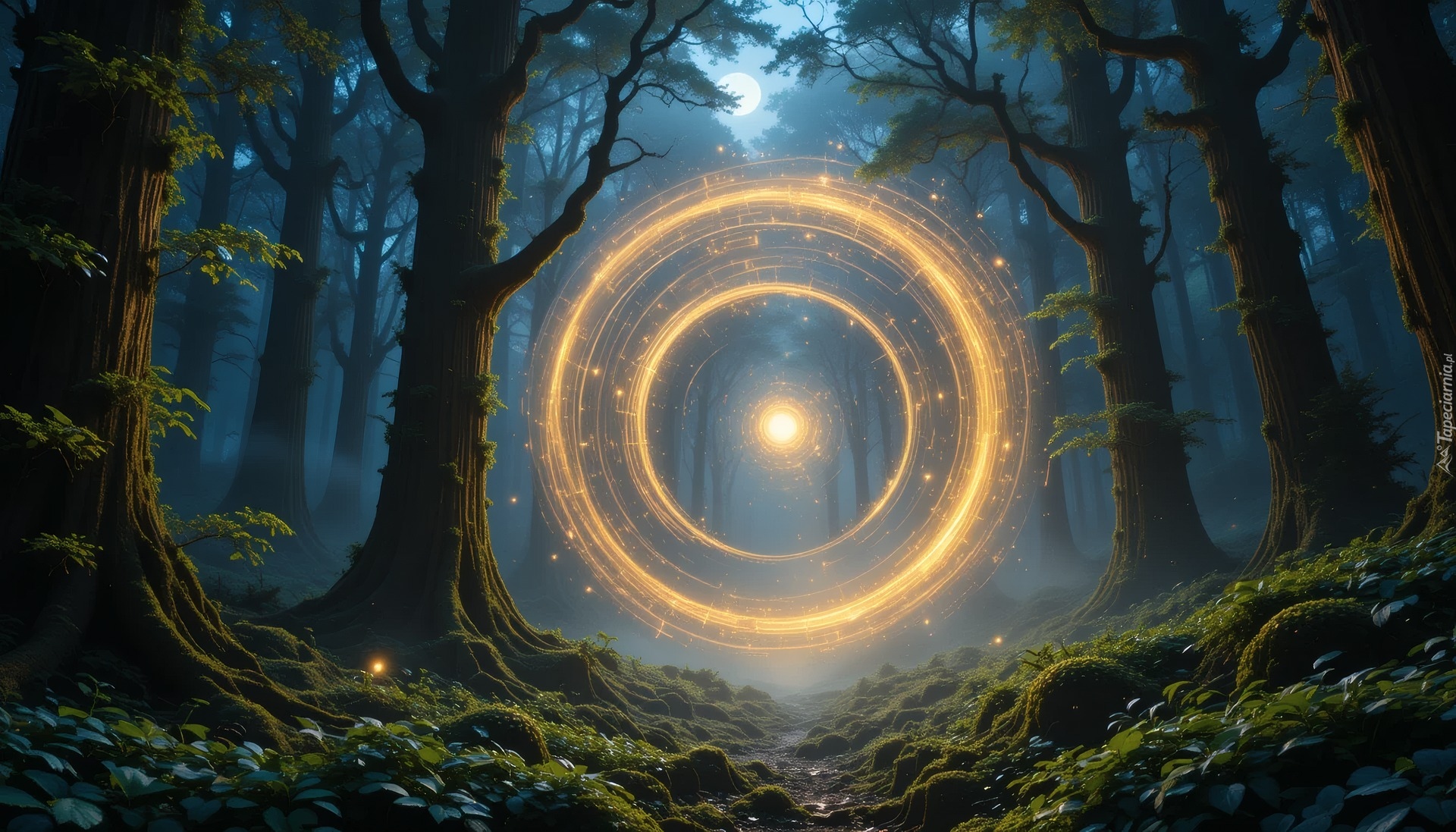 Grafika komputerowa, Las, Drzewa, Krąg świetlny, Niebo, Droga, Magia
