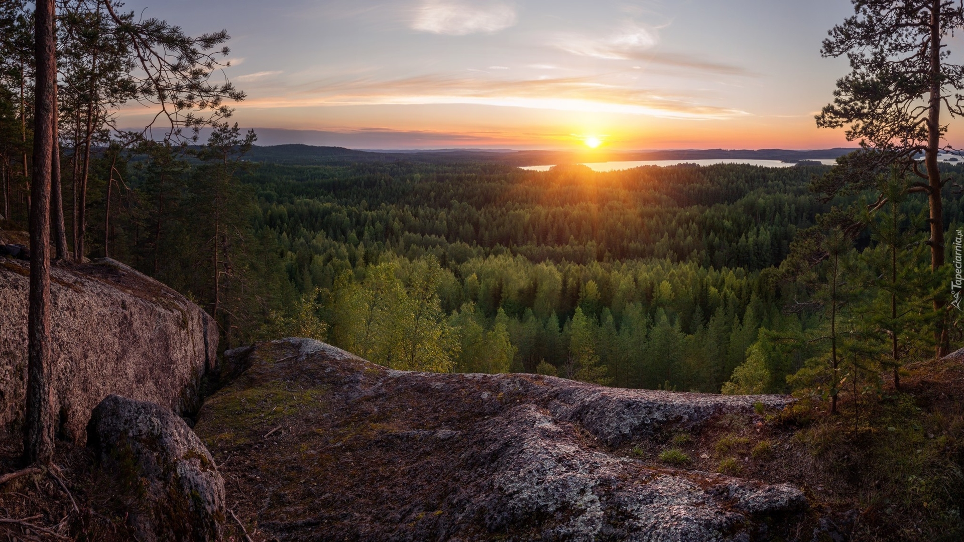 Finlandia, Gmina Laukaa, Hyyppaanvuori, Las, Jezioro, Skały, Zachód słońca