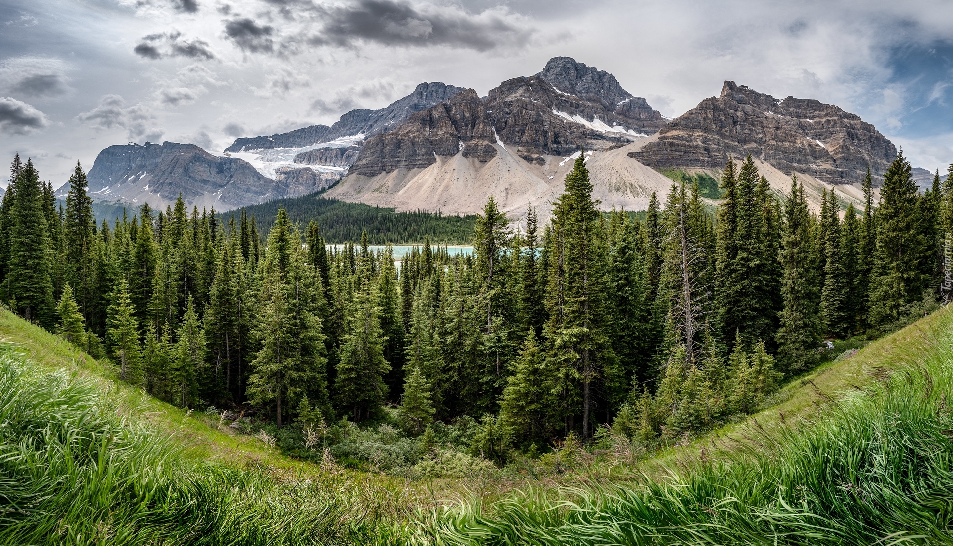 Park Narodowy Banff, Góry, Jezioro Bow Lake, Drzewa, Chmury, Prowincja Alberta, Kanada
