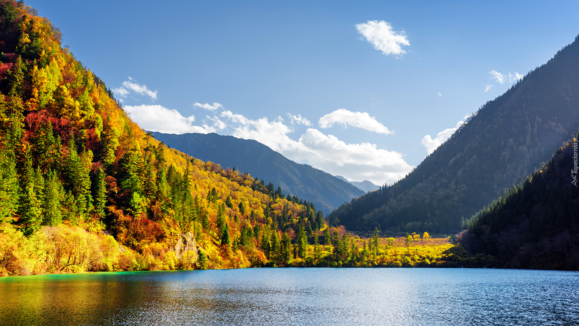 Park Narodowy Jiuzhaigou, Góry, Lasy, Jezioro, Prowincja Syczuan, Chiny