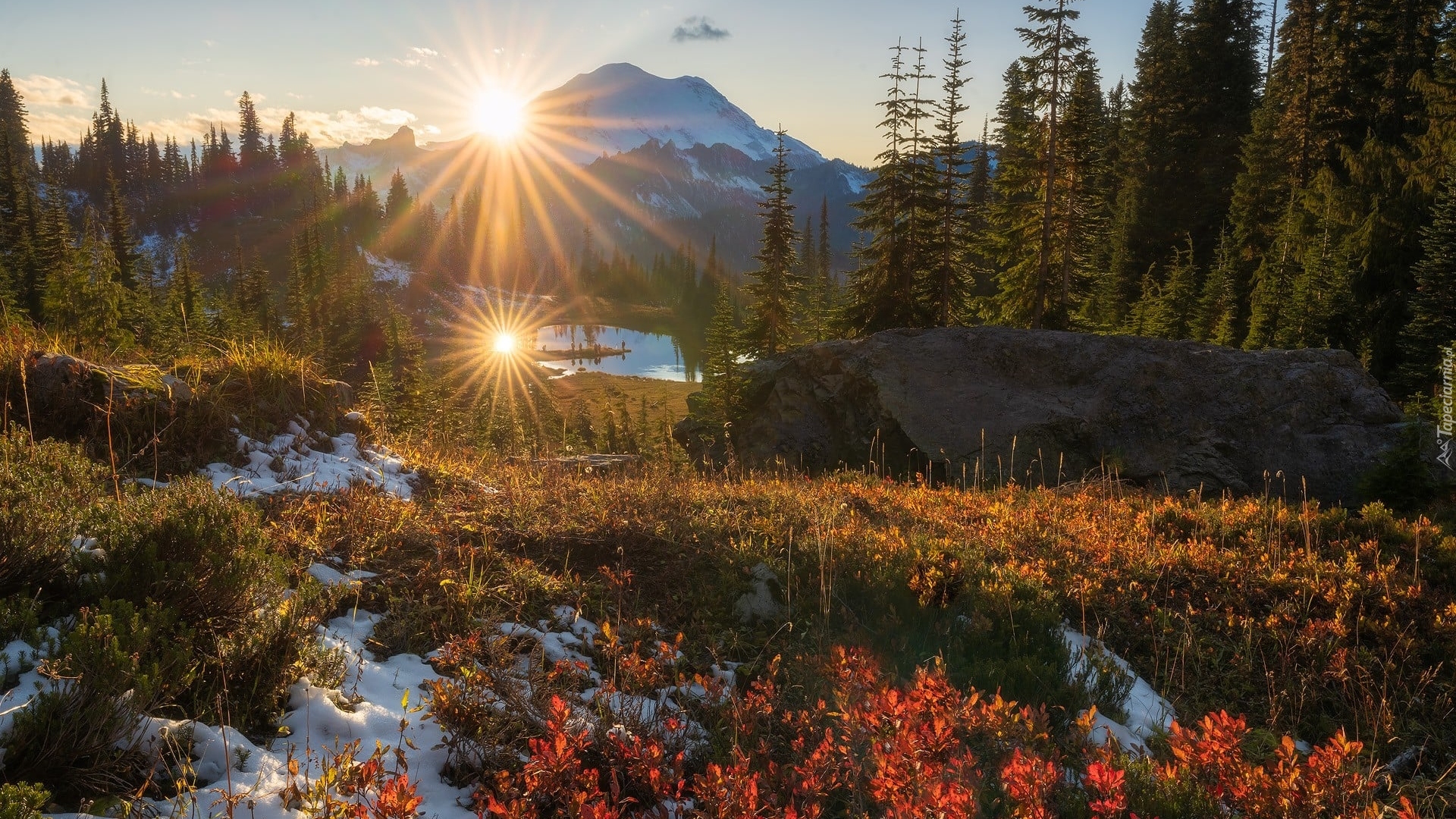 Stany, Zjednoczone, Park Narodowy Mount Rainier, Góra, Stratowulkan Mount Rainier, Jesień, Roślinność, Promienie słońca, Śnieg
