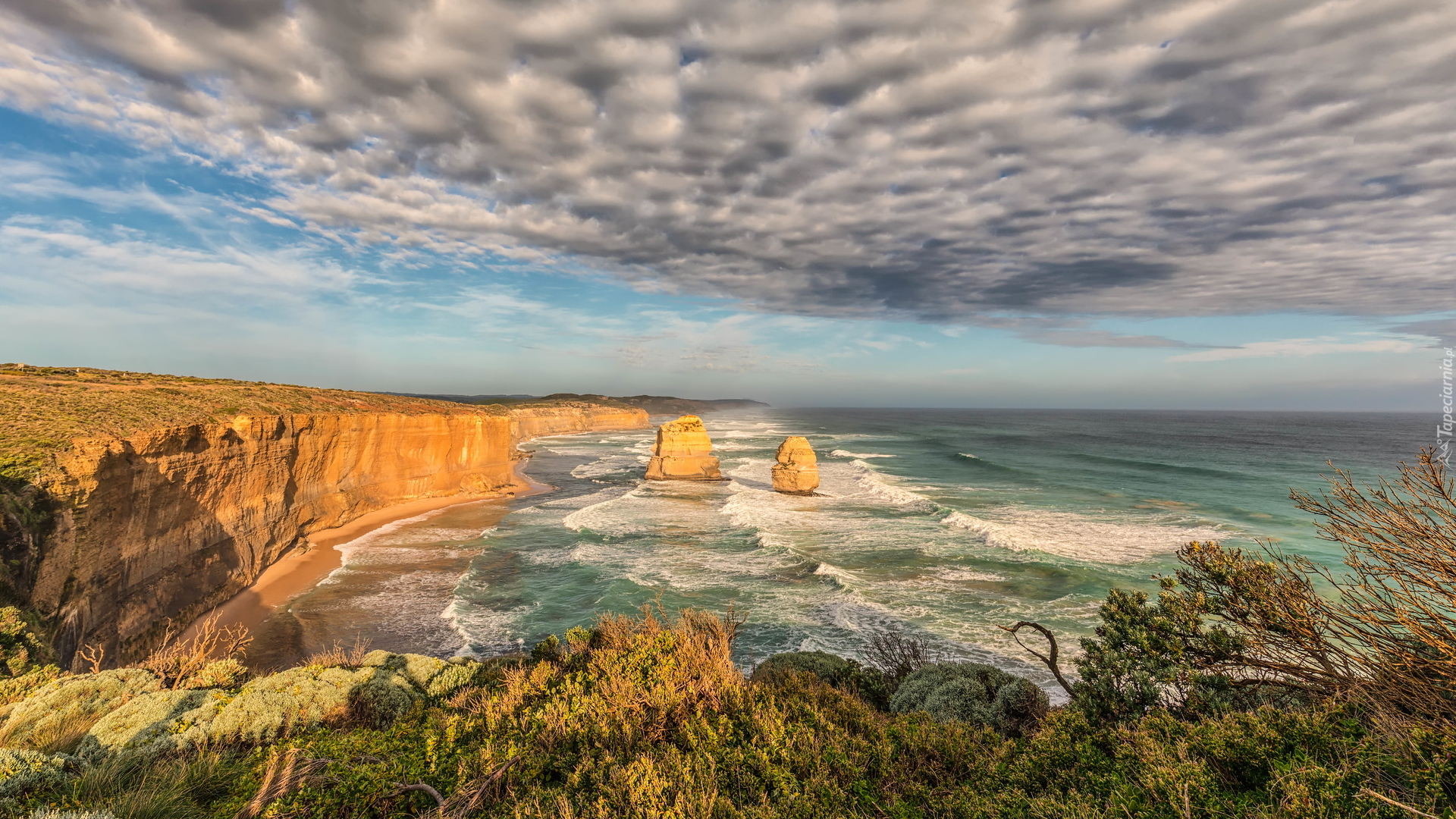 Park Narodowy Port Campbell, Cieśnina Bassa, Skały, Kolumny wapienne, Dwunastu Apostołów, Klif, Ocean, Chmury, Morze, Stan Wiktoria, Australia