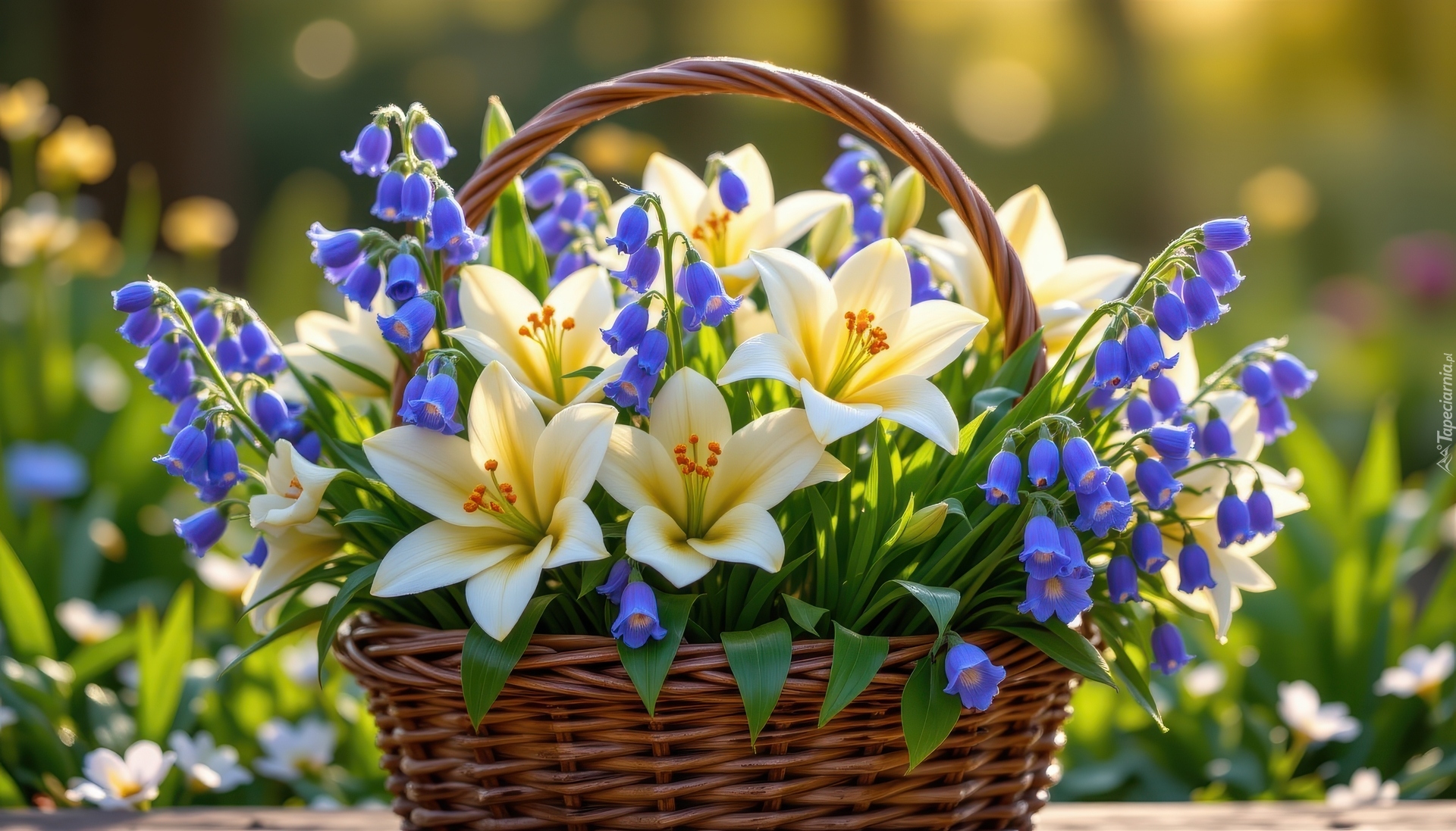 Kremowe, Lilie, Fioletowe, Dzwonki, Kwiaty, Wiklinowy, Koszyk