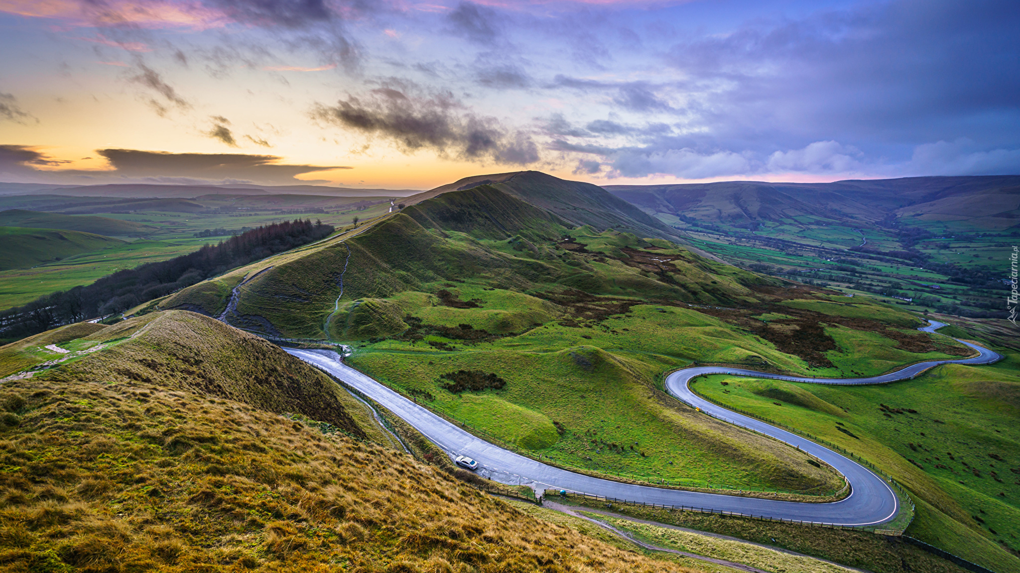 Wzgórza, Wzgórze Mam Tor, Kręta, Droga, Niebo, Chmury, Wyżyna Peak District, Derbyshire, Anglia