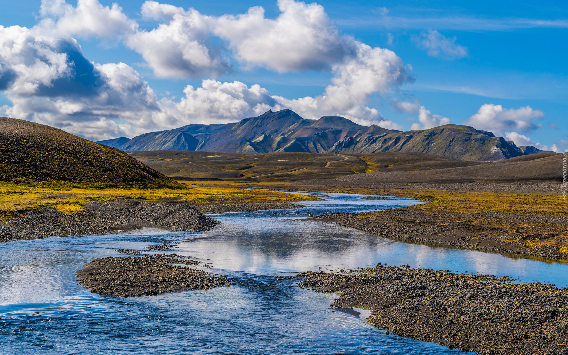 Islandia, Landmannalaugar, Góry, Kręta, Rzeka, Chmury