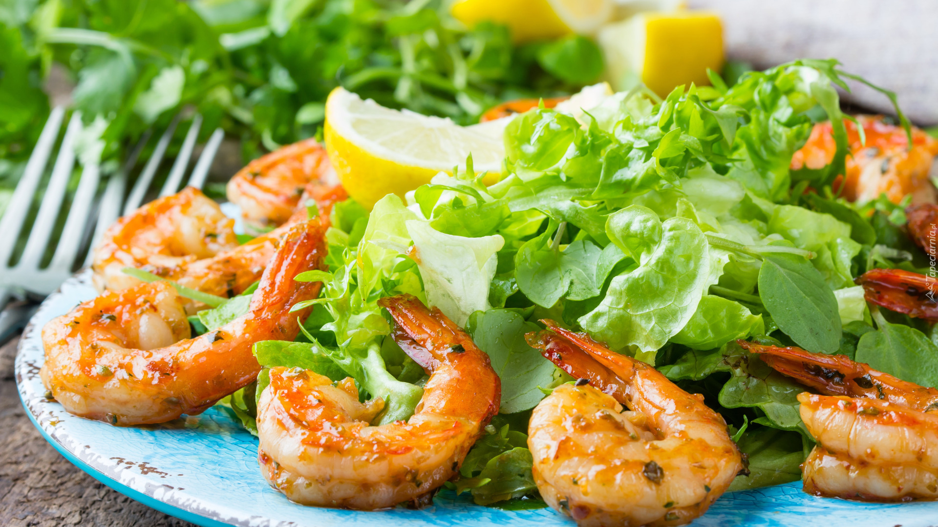 Sałata, Zielona, ​​Krewetki, Cytryna, Talerz Owoce morza
