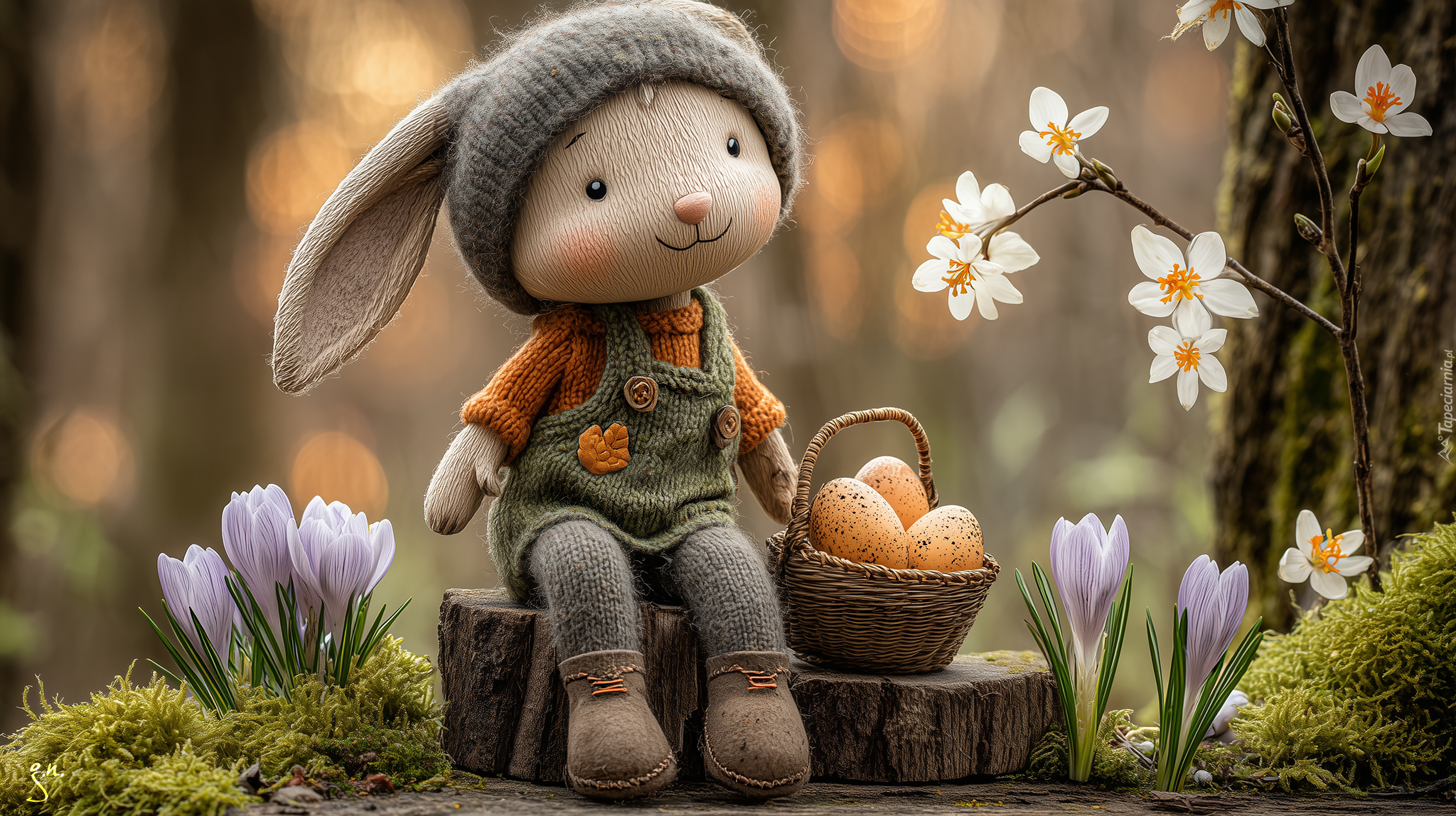 Wielkanoc, Króliczek, Ubranko, Koszyczek, Pisanki, Krokusy, Białe, Kwiaty, Grafika AI