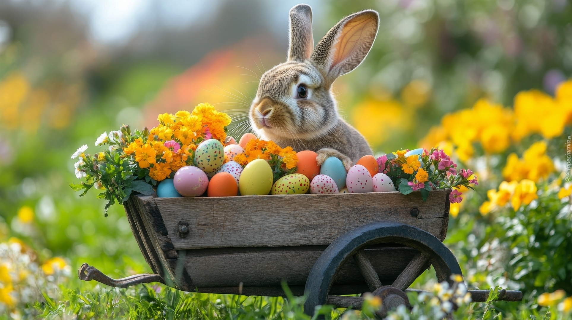 Wielkanoc, Królik, Pisanki, Kwiaty, Wózek, Drewniany, AI