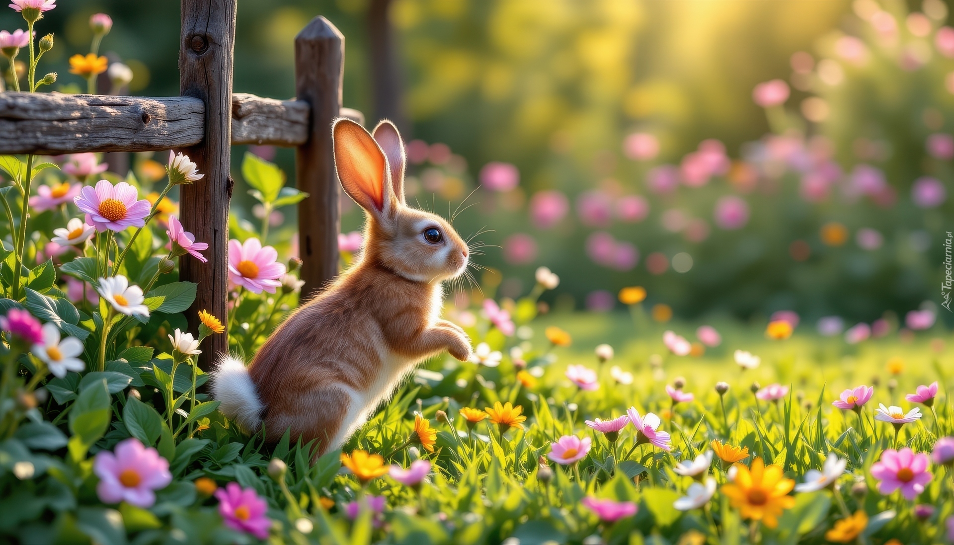 Królik, Łąka, Kwiaty, Płot