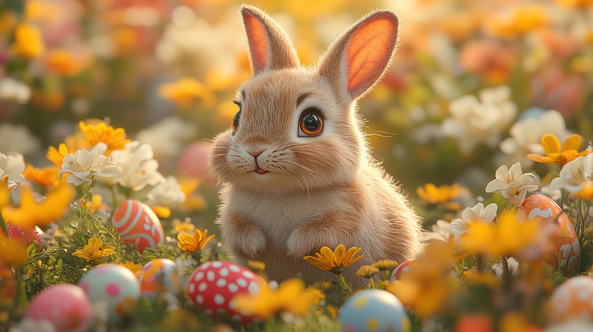 Królik, Pisanki, Kwiaty, Wielkanoc, Grafika AI