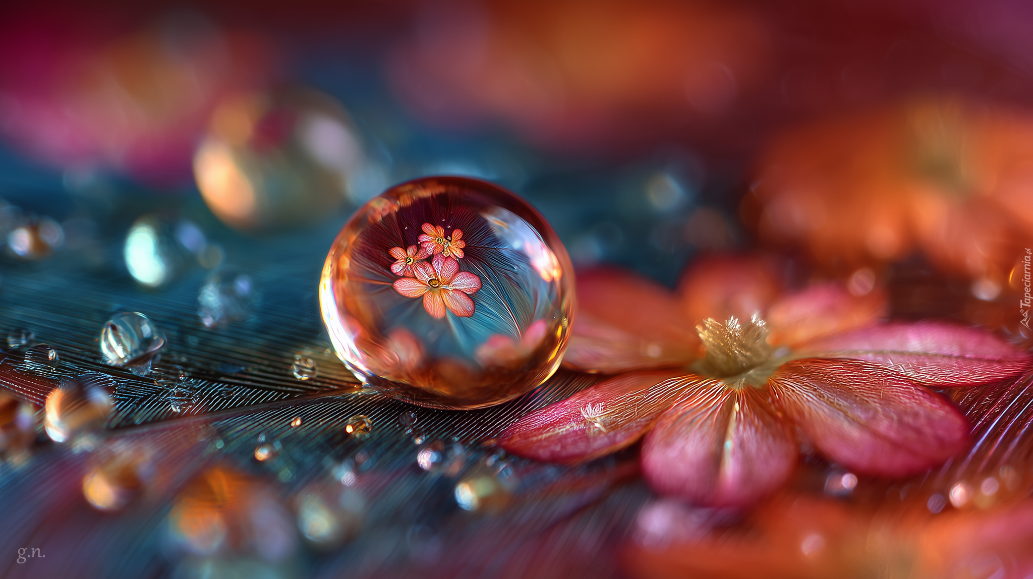 Kropla, Piórko, Kwiat, Makro, Grafika AI