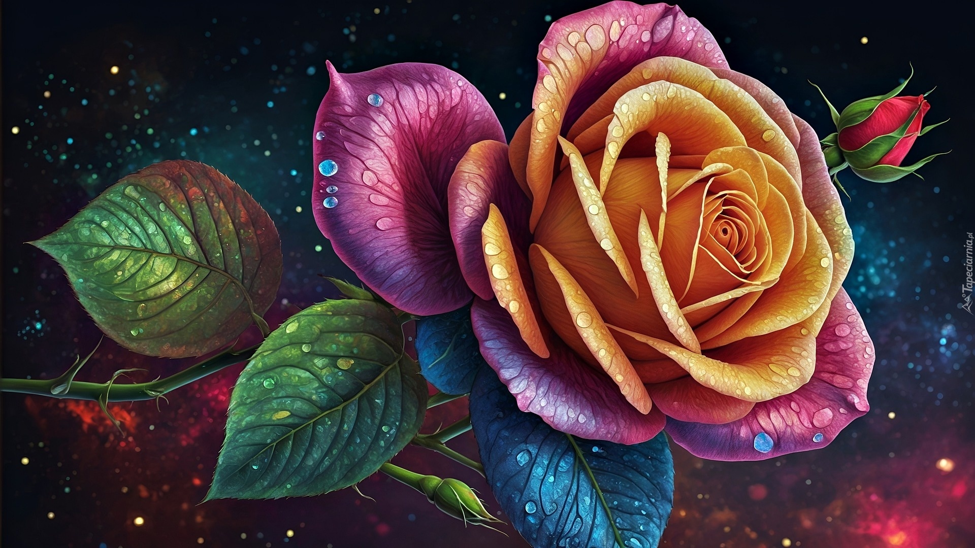 Róża, Pąk, Liście, Kolorowa, Grafika