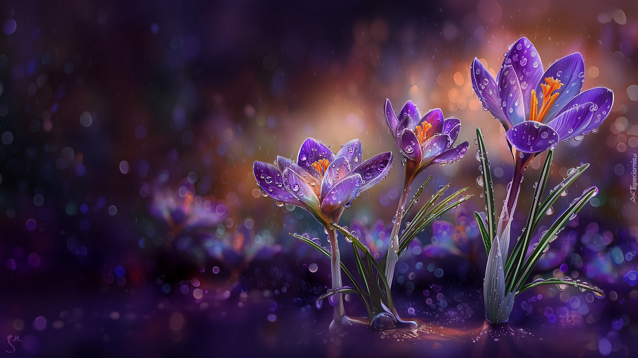 Fioletowe, Krokusy, Kwiaty, Krople, Grafika AI