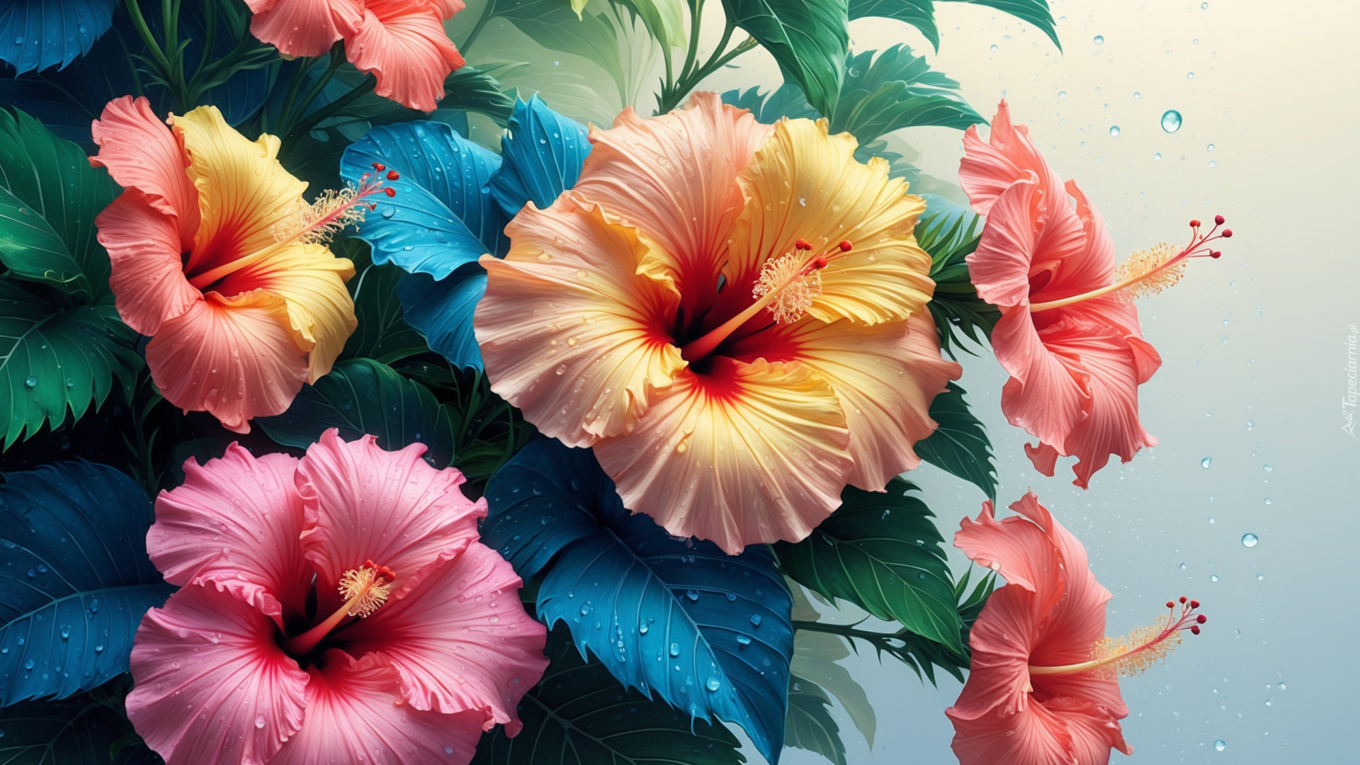 Hibiskusy, Kolorowe, Kwiaty, Liście, Krople, Grafika