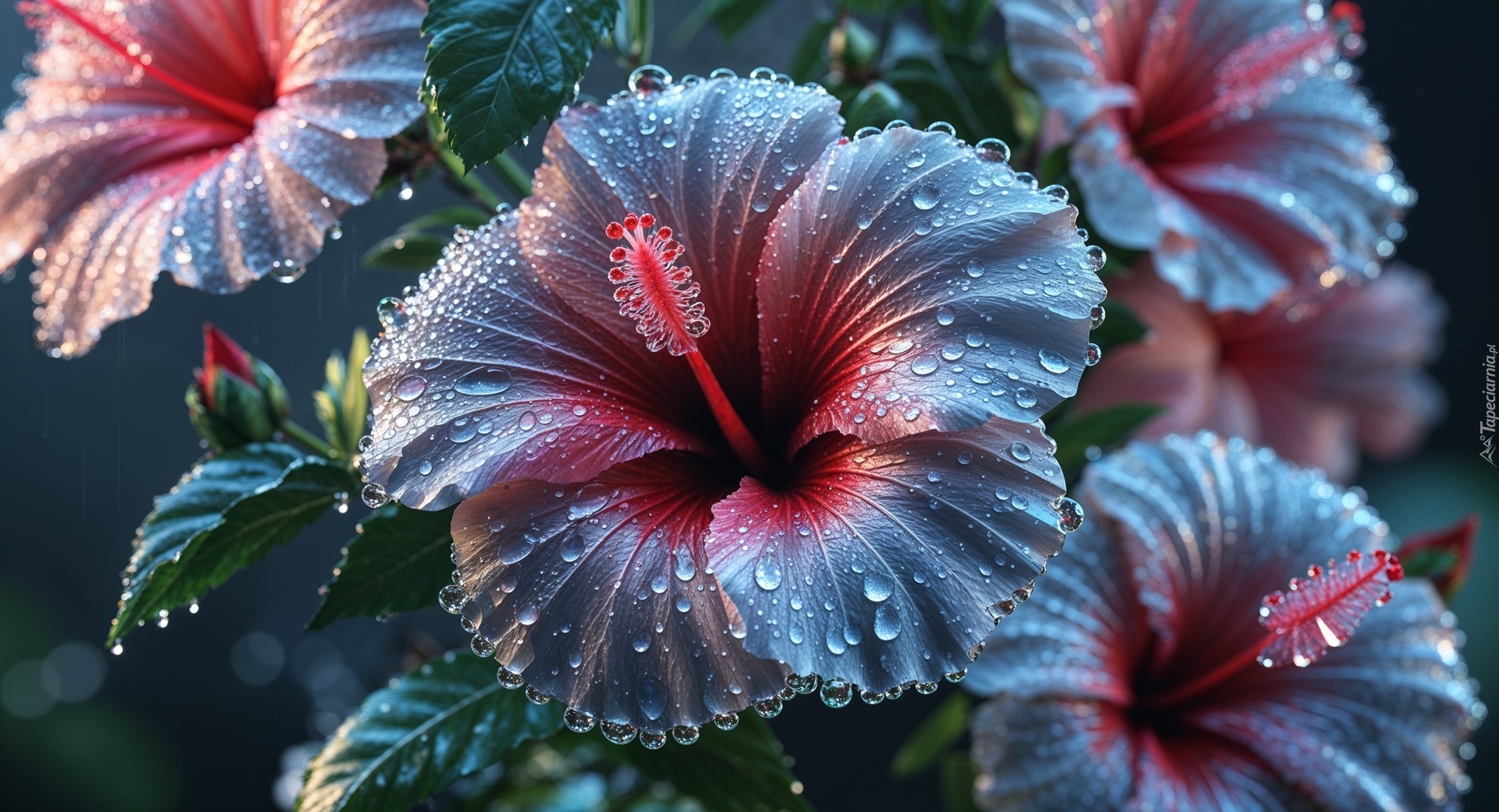 Mokre, Hibiskusy, Kwiaty, Krople, Grafika