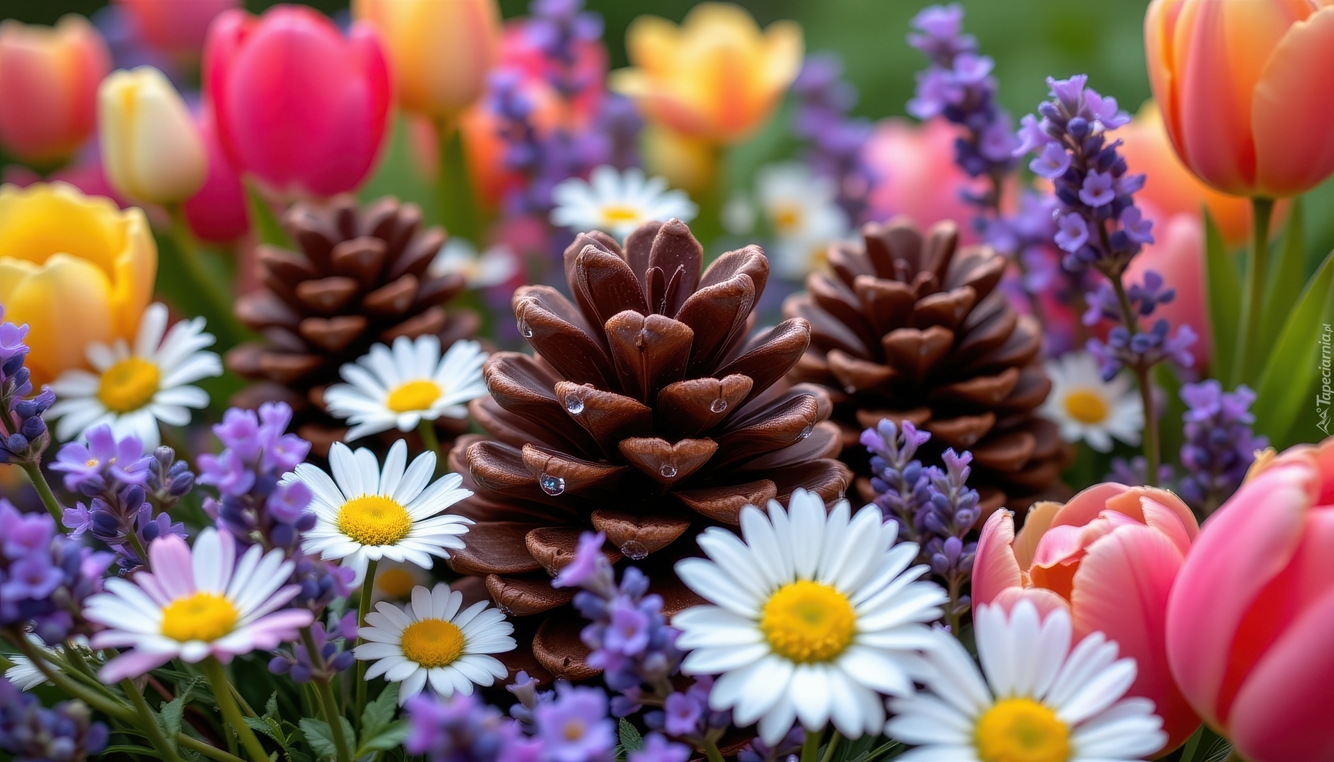 Kwiaty, Kolorowe, Stokrotki, Lawenda, Tulipany, Szyszki, Grafika AI