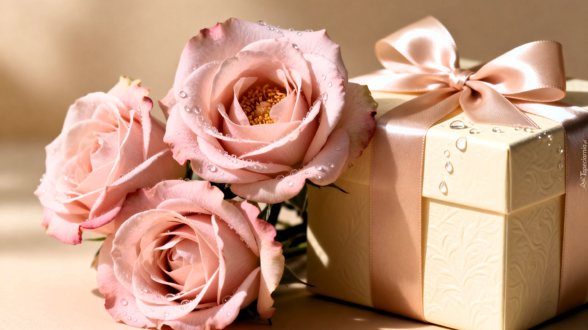 Trzy, Jasnoróżowe, Róże, Prezent, Wstążka, Kokarda, Krople
