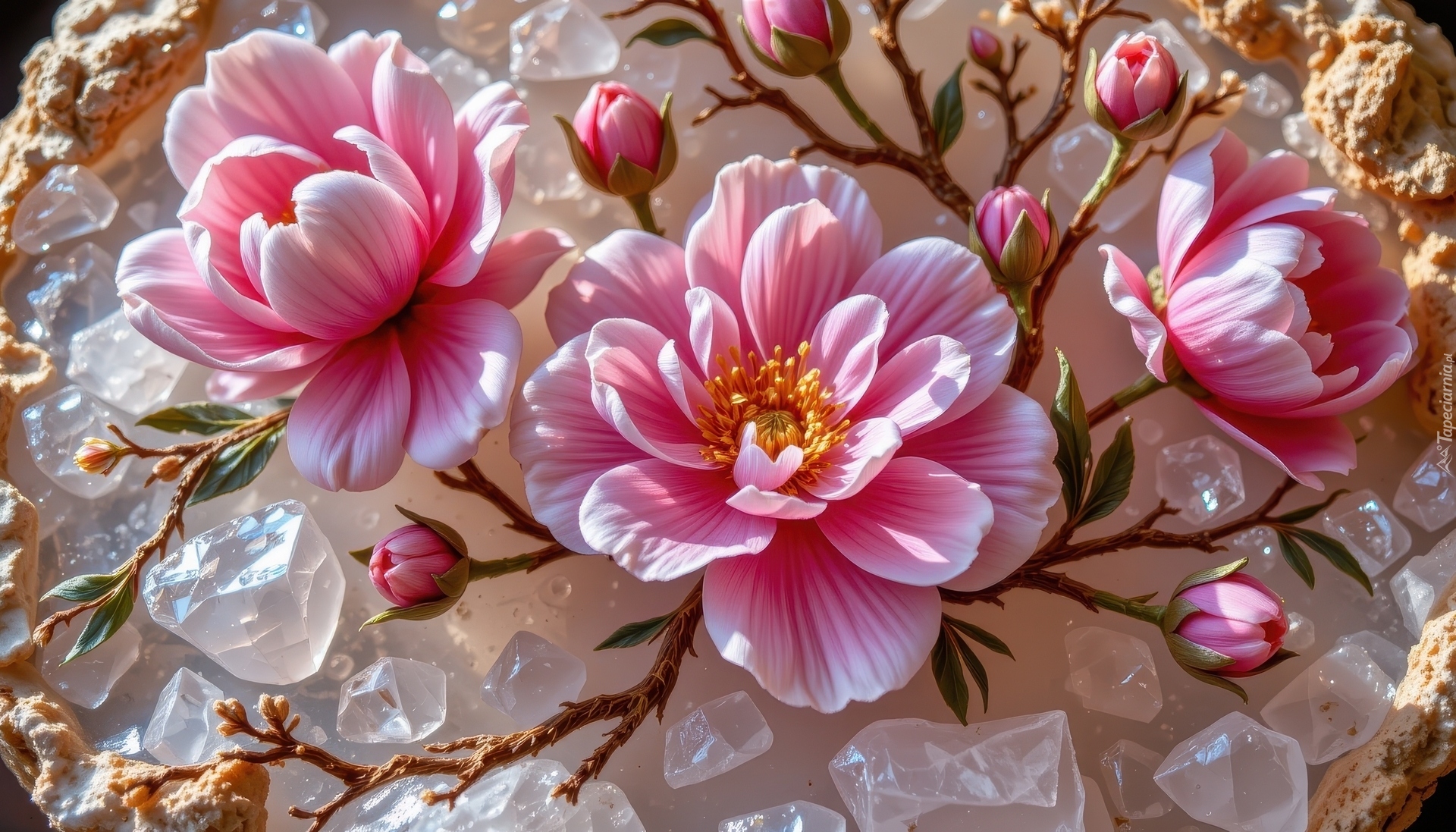 Różowe, Kwiaty, Gałązki, Pąki, Kryształy