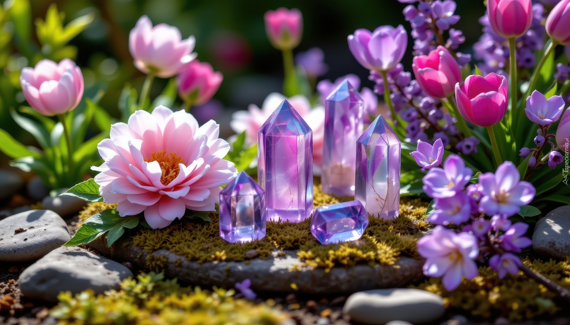 Kryształy, Tulipany, Piwonia, Kwiaty