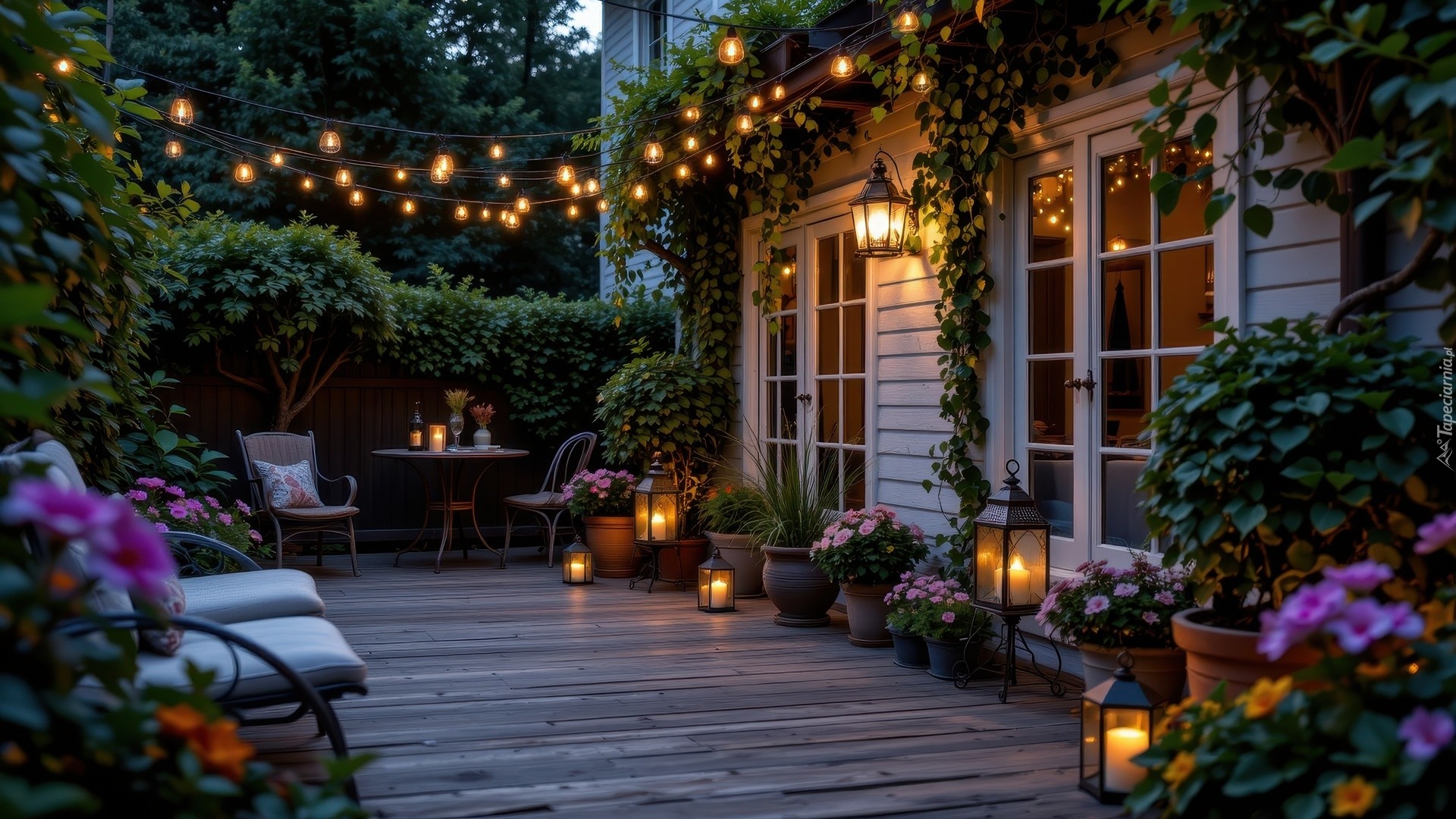 Dom, Taras, Krzesła, Stolik, Lampiony, Kwiaty, Rośliny, Oświetlenie