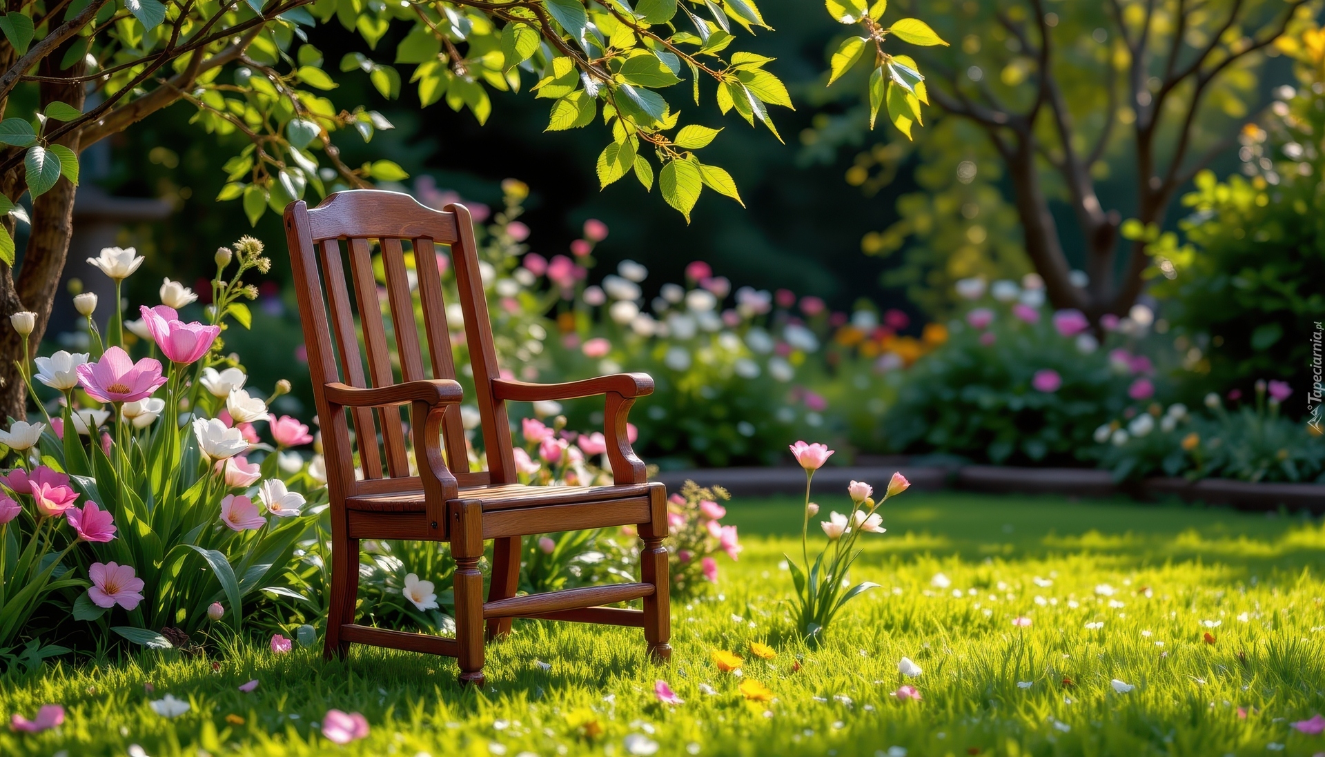 Ogród, Krzesło, Kwiaty, Drzewo