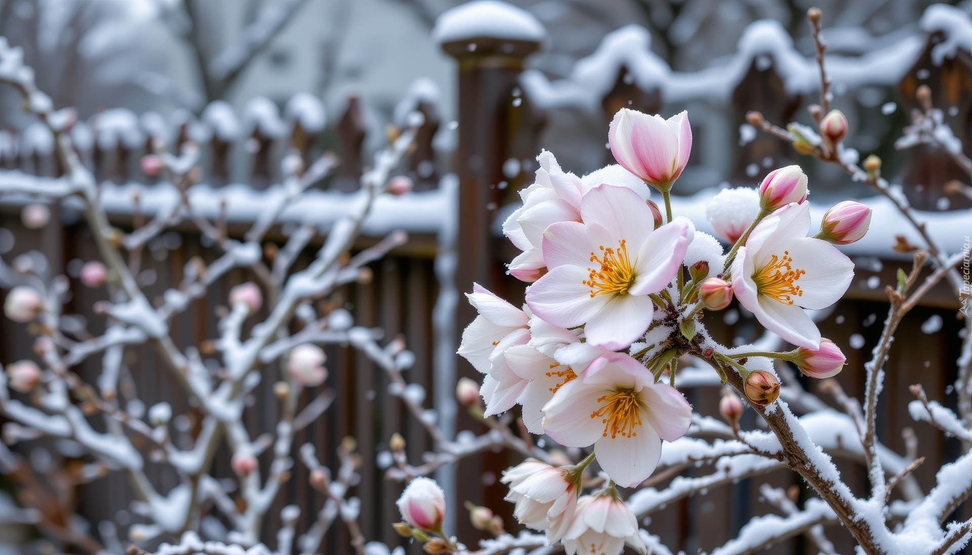 Kwiaty, Ośnieżone, Gałązki, Krzew, Ogrodzenie, Grafika AI
