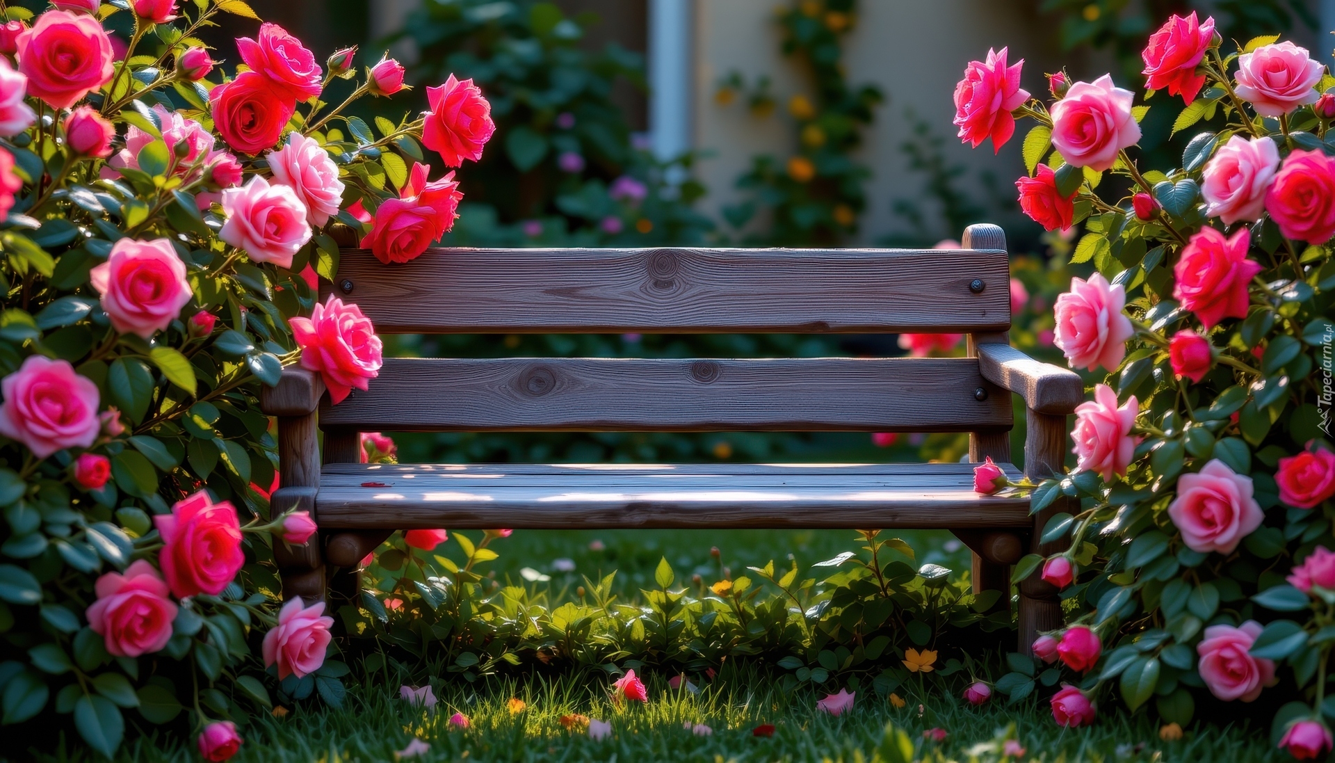 Drewniana, Ławka, Różowe, Czerwone, Róże