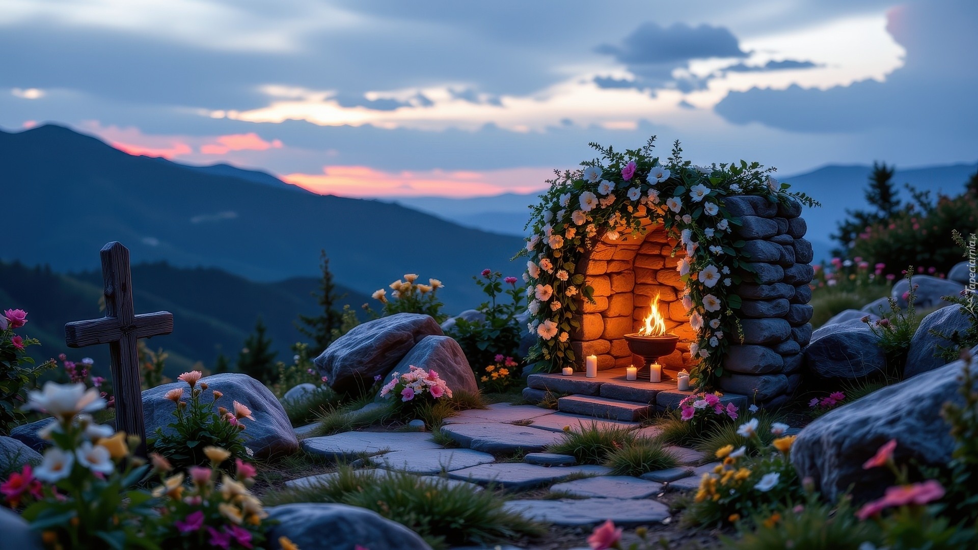 Miejsce, Upamiętniające, Murowana, Kapliczka, Płonący, Znicz, Kamienie, Kwiaty, Krzyż