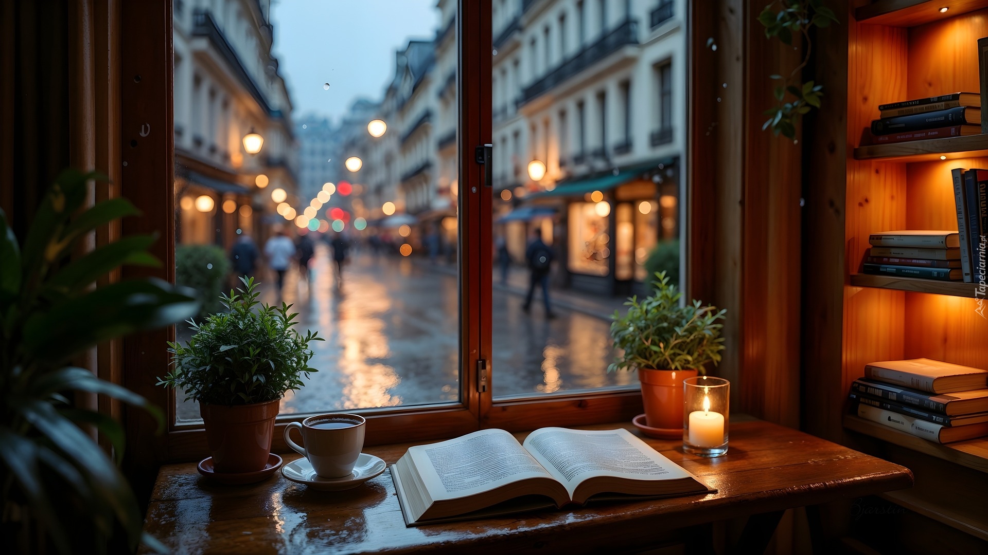Okno, Stół, Książka, Półki, Książki, Świeczka, Pokój