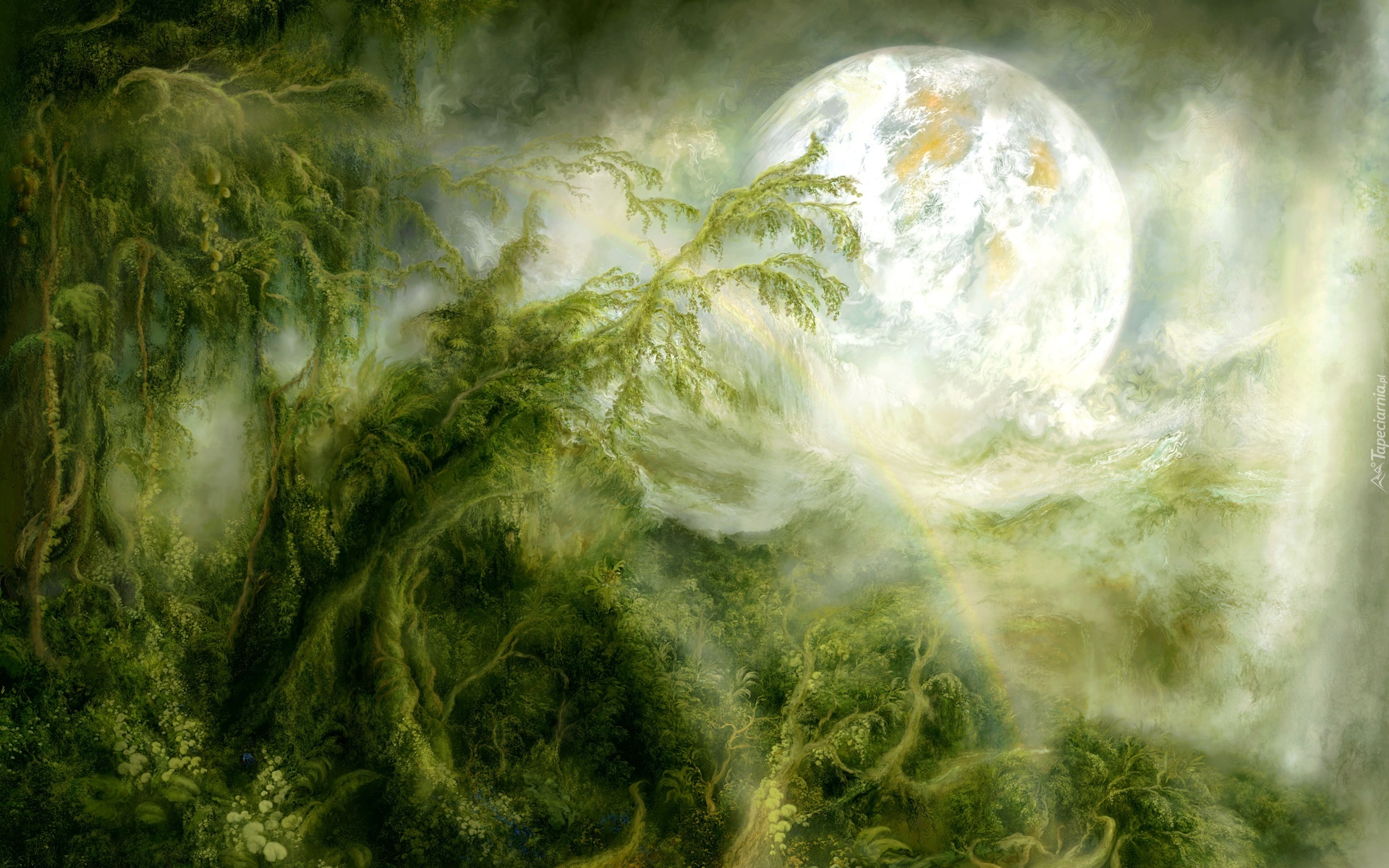 Fantasy, Księżyc, Rośliny, Drzewo