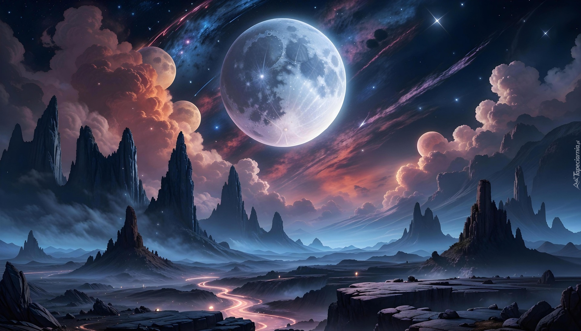 Księżyc, Góry, Chmury, Fantasy